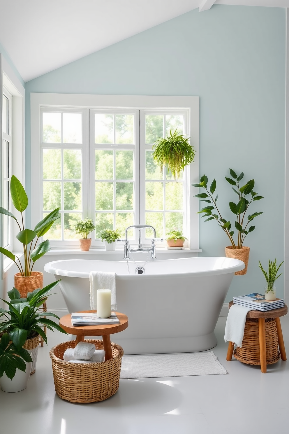 A bright and airy summer bathroom features large windows that allow natural light to flood the space. The walls are painted in a soft pastel blue, complemented by white shiplap accents for a fresh coastal feel. The centerpiece is a freestanding soaking tub surrounded by potted plants and a woven basket filled with fluffy towels. A stylish wooden stool holds a scented candle and a small stack of magazines, inviting relaxation and tranquility.