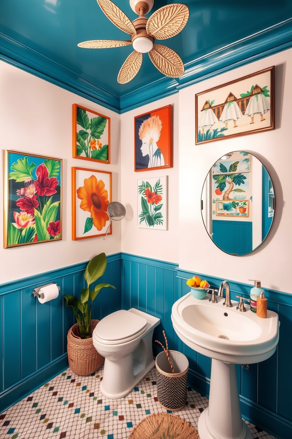 A vibrant summer bathroom filled with colorful artwork adorning the walls. The decor features bright tropical-themed prints and abstract pieces that bring a cheerful ambiance to the space.