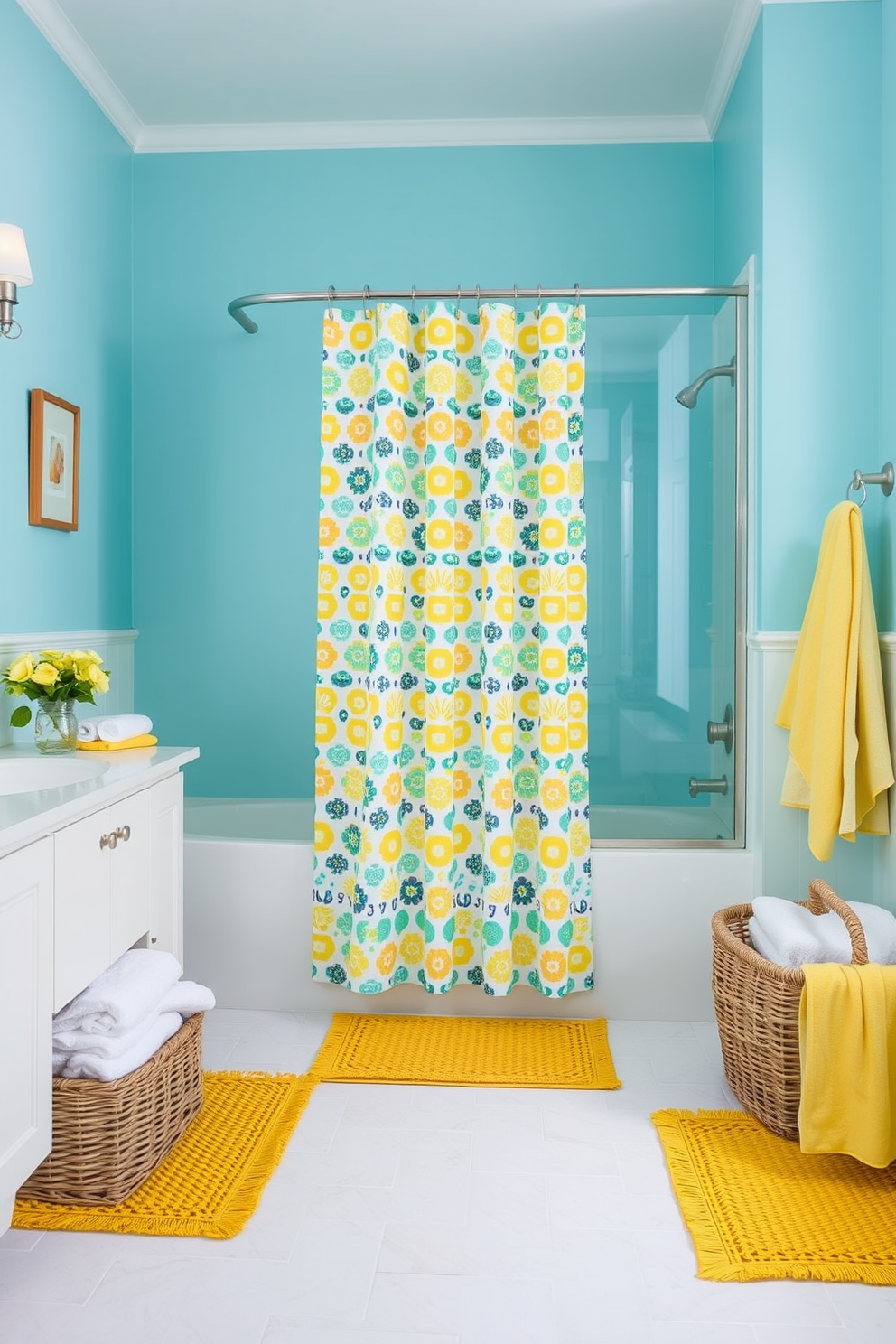 A bright and cheerful bathroom setting designed for summer. The walls are painted in a light blue hue, and the floor features white tiles with a subtle texture. A fun patterned shower curtain hangs in front of a sleek glass shower enclosure, adding a playful touch to the space. Vibrant yellow bath mats complement the decor, while a wicker basket holds fluffy white towels.