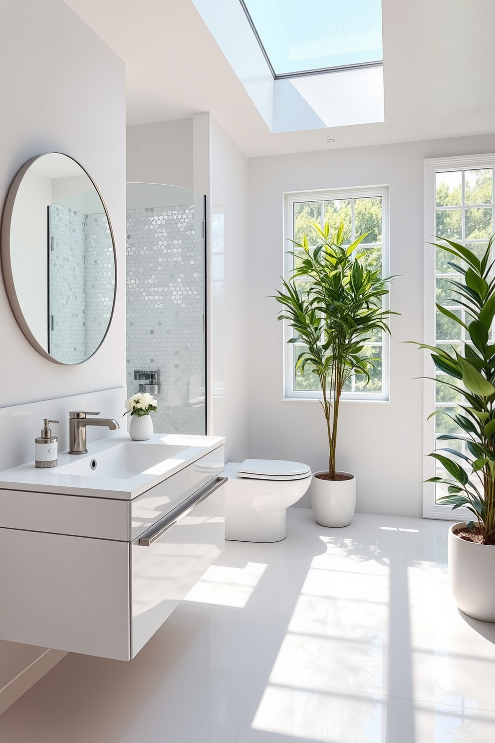 A bright and airy summer bathroom featuring light reflective surfaces that enhance the natural sunlight streaming in. The walls are painted in a soft pastel hue, and the floor is adorned with glossy white tiles that create a sense of spaciousness. A sleek glass shower enclosure showcases shimmering tiles that catch the light beautifully. Elegant accessories in brushed nickel and a large round mirror amplify the room's brightness, while lush greenery adds a refreshing touch.