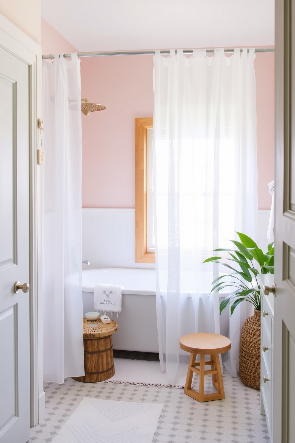 A bright and airy summer bathroom design featuring light sheer shower curtains that gently flutter in the breeze. The walls are painted in a soft pastel hue, complemented by natural wood accents and vibrant greenery.