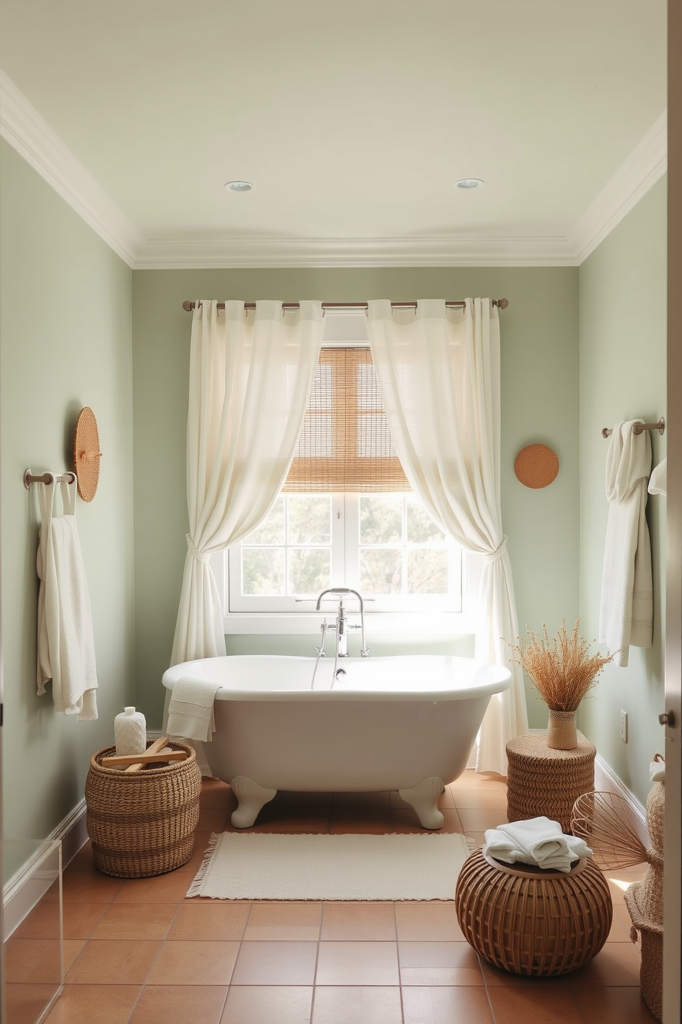 A serene summer bathroom setting with a beachy color scheme. The walls are painted in soft seafoam green, and the accents feature sandy beige tones throughout the space. A freestanding bathtub sits in the center, surrounded by natural wood elements and coastal decor. Light, airy curtains frame the window, allowing sunlight to fill the room and enhance the relaxed atmosphere.