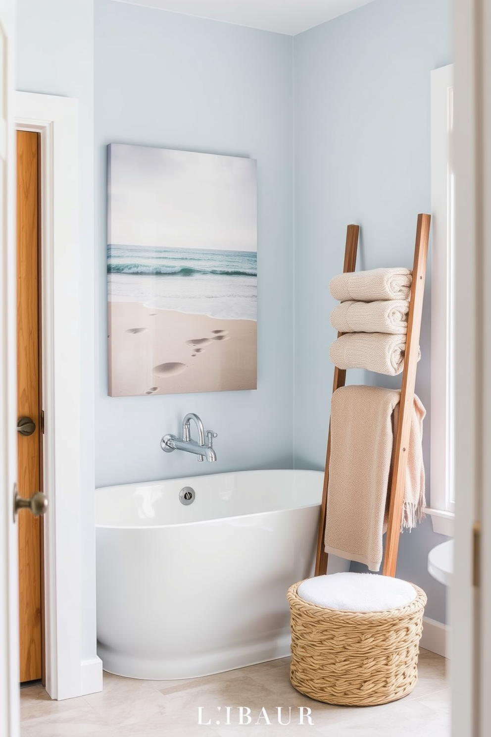 A serene summer bathroom setting featuring beach-themed wall art that captures the essence of coastal living. The walls are adorned with a large canvas print of a tranquil beach scene, complementing the light blue color palette of the room. A sleek white bathtub is positioned near a window, allowing natural light to flood the space. Soft, fluffy towels in shades of sandy beige are neatly arranged on a wooden ladder shelf, enhancing the relaxed atmosphere.