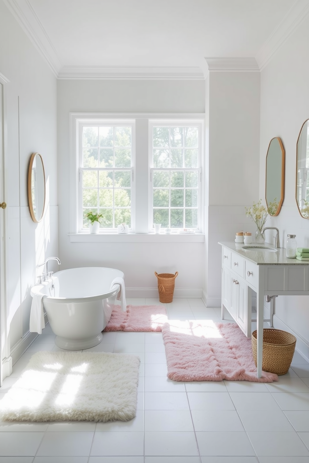 A serene summer bathroom setting featuring pastel colored rugs that add a soft touch to the space. The walls are adorned with light, airy colors, and natural light floods in through a large window, enhancing the tranquil atmosphere.