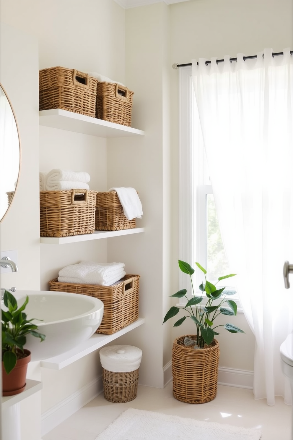 A bright and airy summer bathroom featuring wicker storage baskets neatly arranged on open shelves. The walls are painted in a soft pastel hue, creating a refreshing and inviting atmosphere. Natural light floods the space through a large window adorned with sheer white curtains. Potted green plants are placed near the wicker baskets, adding a touch of nature and warmth to the decor.