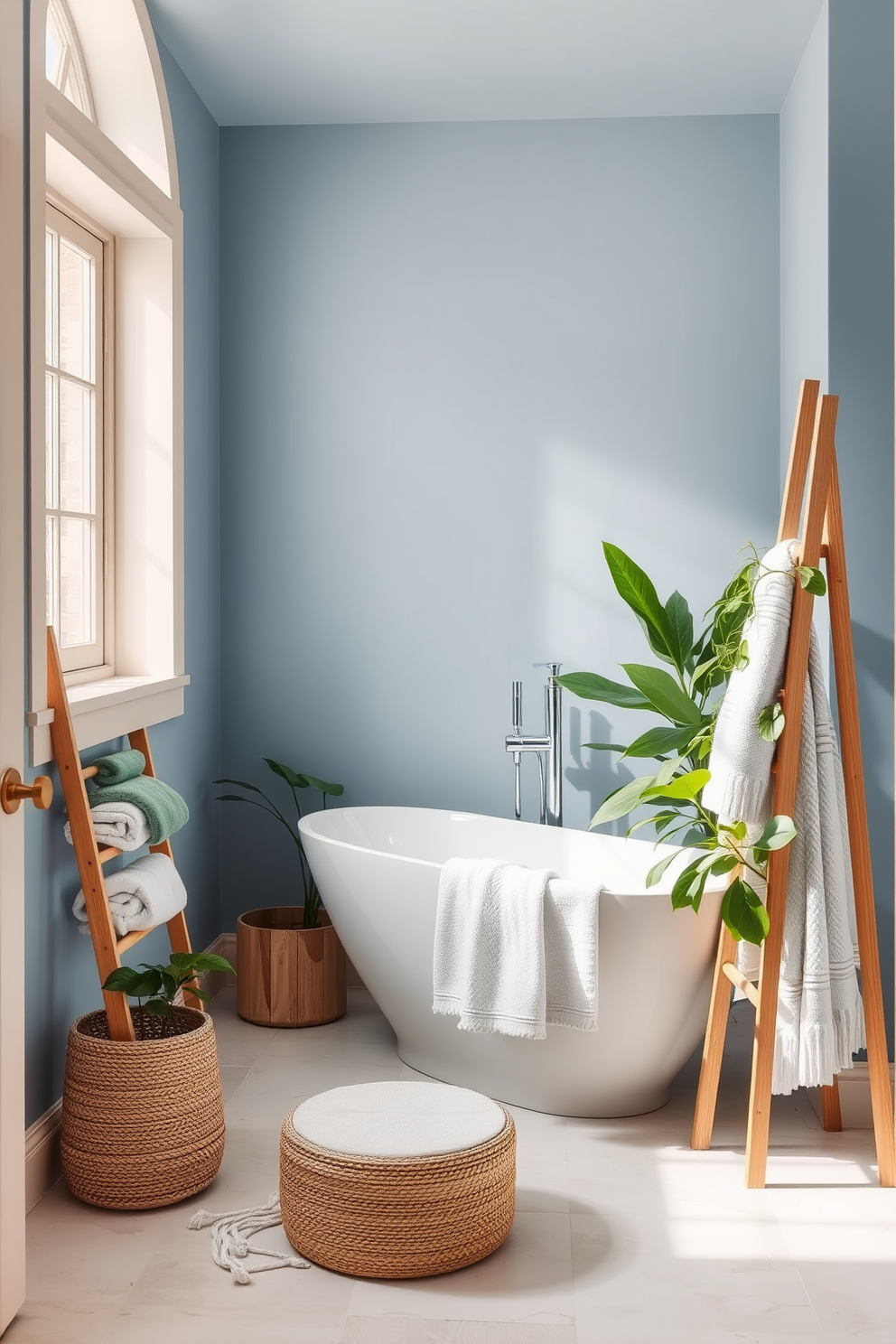 A serene bathroom ambiance with walls painted in soft blue hues. The space is adorned with light wooden accents and a large window allowing natural light to fill the room. A freestanding soaking tub sits elegantly in the corner, surrounded by lush green plants. Soft, fluffy towels in white and light gray are neatly arranged on a wooden ladder for a cozy touch.