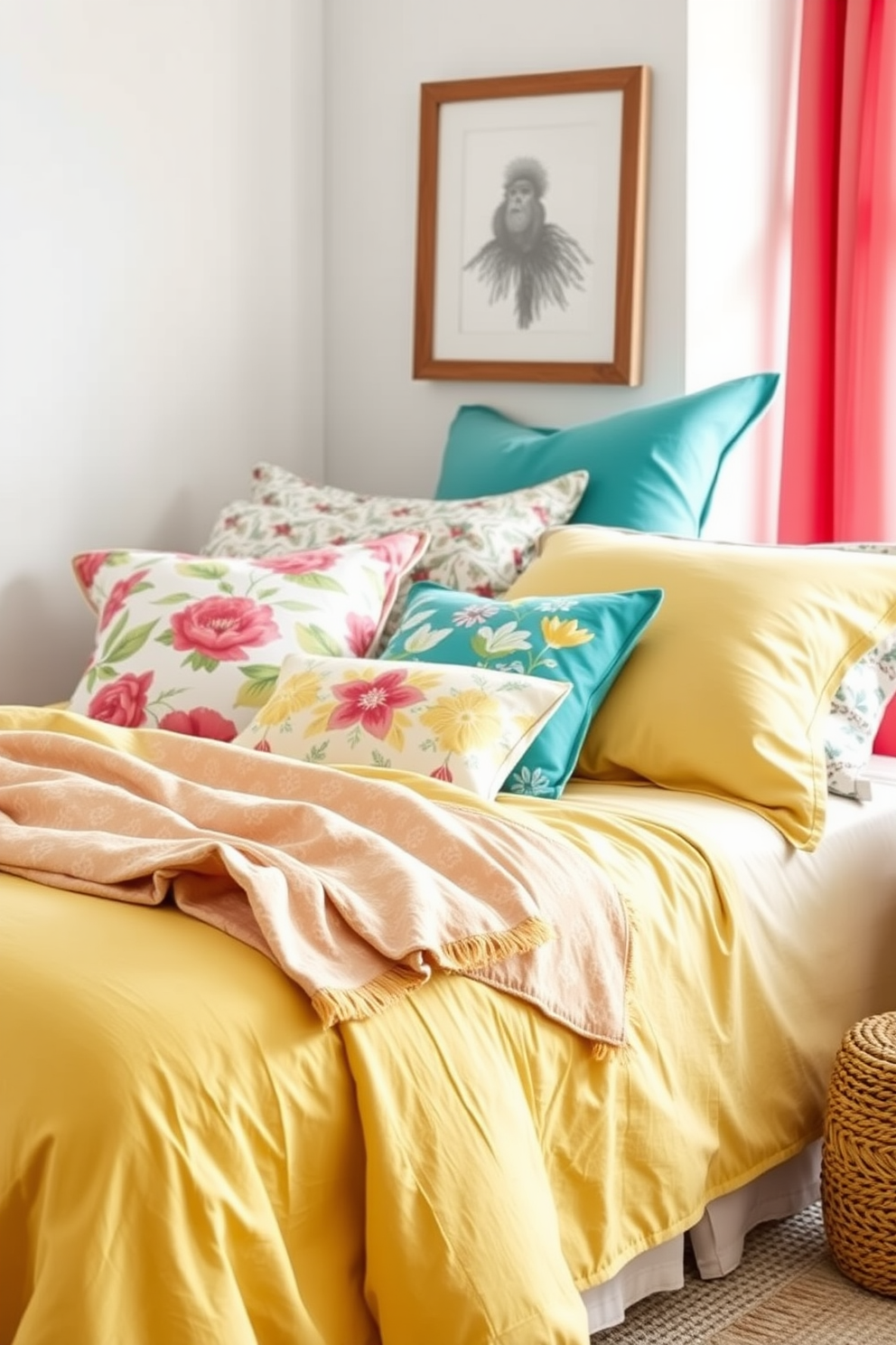 Lightweight cotton bedding in bright colors creates a vibrant and inviting atmosphere in a summer bedroom. The bed is adorned with a mix of floral and geometric patterned pillows, complemented by a soft throw blanket casually draped over the edge.