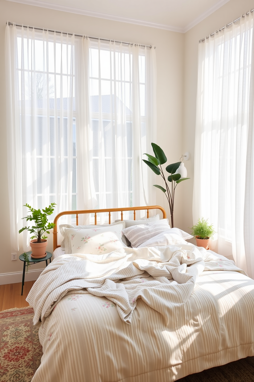 A serene summer bedroom filled with natural light. The walls are painted in soft pastel hues, and large windows are adorned with sheer white curtains allowing gentle breezes to flow through. A cozy bed is dressed in light, breathable linens with a mix of floral and striped patterns. Potted plants are placed on either side of the bed, and a tall leafy plant stands in the corner, adding a touch of greenery to the space.