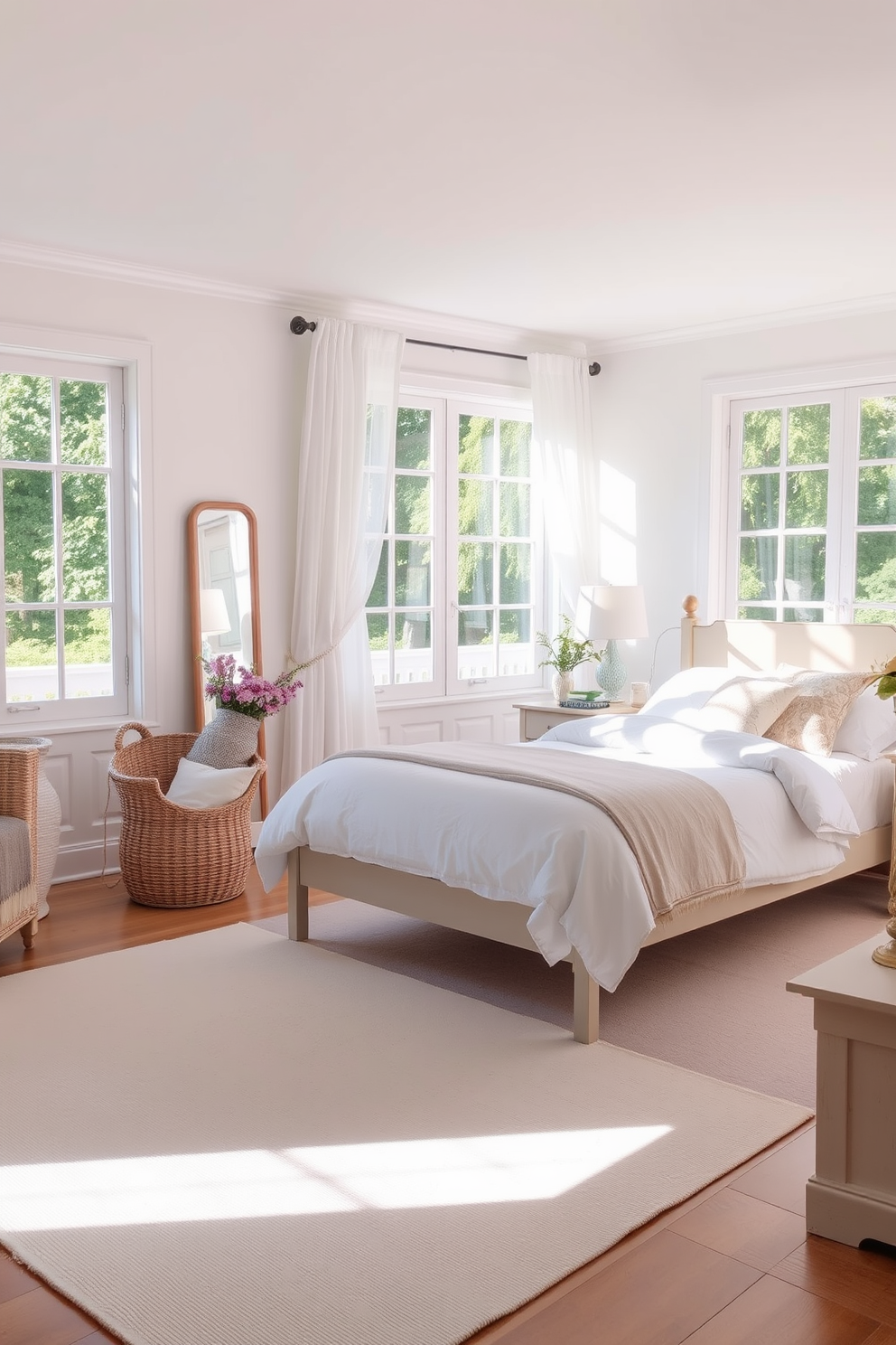 A serene summer bedroom setting. The room features a light-colored area rug that adds softness underfoot, complemented by crisp white linens on the bed. Large windows allow natural light to flood the space, adorned with sheer curtains that gently sway in the breeze. Bright accents of pastel colors are scattered throughout, creating a refreshing and inviting atmosphere.