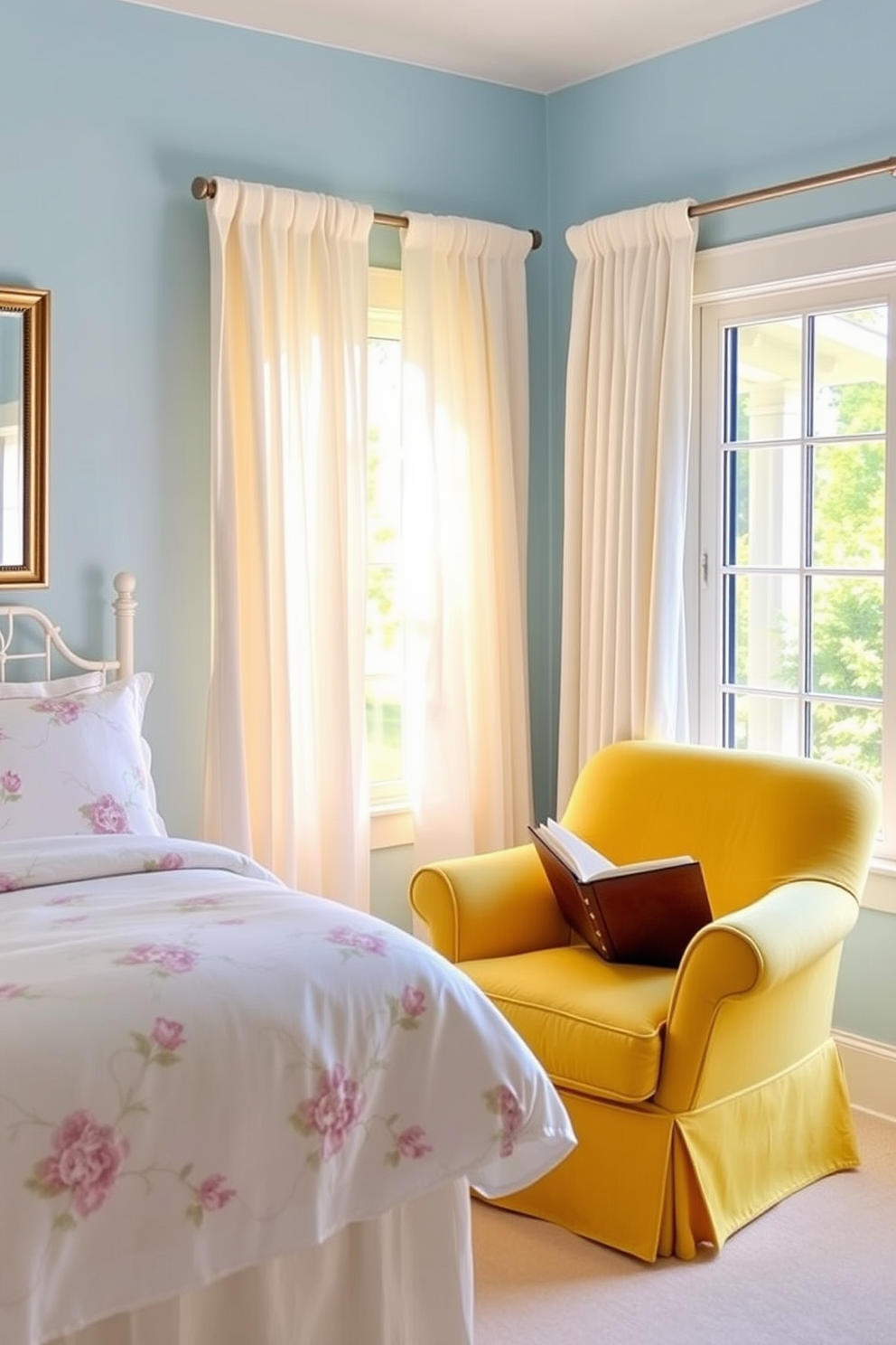 A serene summer bedroom setting featuring soft pastel colors like light blue and pale yellow. The walls are painted in a calming sky blue, and the bedding showcases floral patterns in complementary shades. A cozy reading nook is created with a plush armchair in a sunny yellow fabric, positioned next to a large window. Sheer white curtains flutter gently in the breeze, letting in warm natural light that enhances the cheerful ambiance.