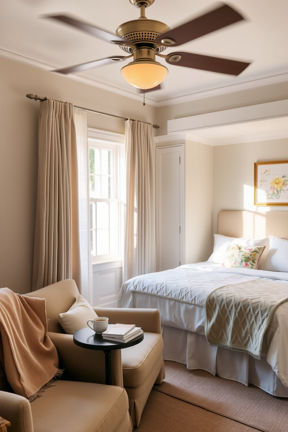 A cozy reading nook by the window features a plush armchair upholstered in soft fabric with a warm throw draped over the side. A small round side table holds a steaming cup of tea and a stack of books, while natural light filters through sheer curtains, illuminating the space. The summer bedroom is adorned with light and airy colors, incorporating pastel shades and floral patterns. A breezy ceiling fan spins gently above a neatly made bed with crisp white linens and vibrant throw pillows, creating a refreshing and inviting atmosphere.