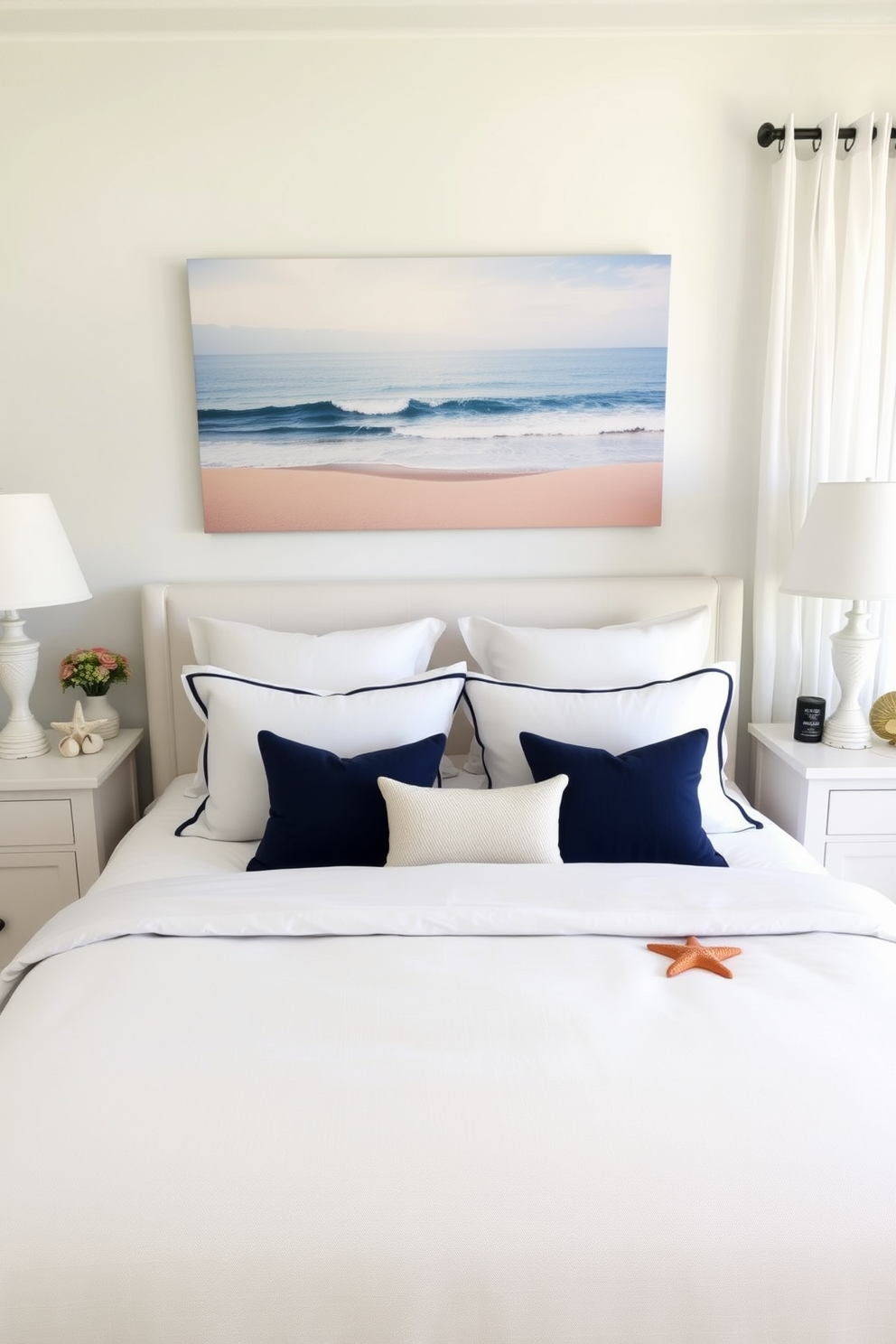 A serene summer bedroom featuring nautical elements in the decor. The bed is dressed in crisp white linens with navy blue and coral accents, creating a fresh coastal vibe. Seashells and starfish are artfully arranged on the nightstands, while a large canvas depicting a tranquil beach scene adorns the wall. Soft, sheer curtains flutter gently in the breeze, allowing natural light to fill the space.