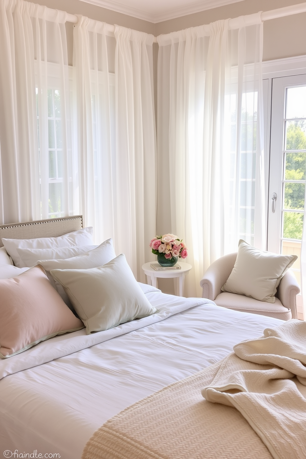 A serene summer bedroom setting with light and airy bedding materials. The bed is dressed in soft white linens layered with pastel throw pillows and a lightweight quilt. Natural light floods the room through sheer curtains, creating a bright and inviting atmosphere. A cozy reading nook is set up in one corner with a plush armchair and a small side table adorned with a fresh bouquet of flowers.