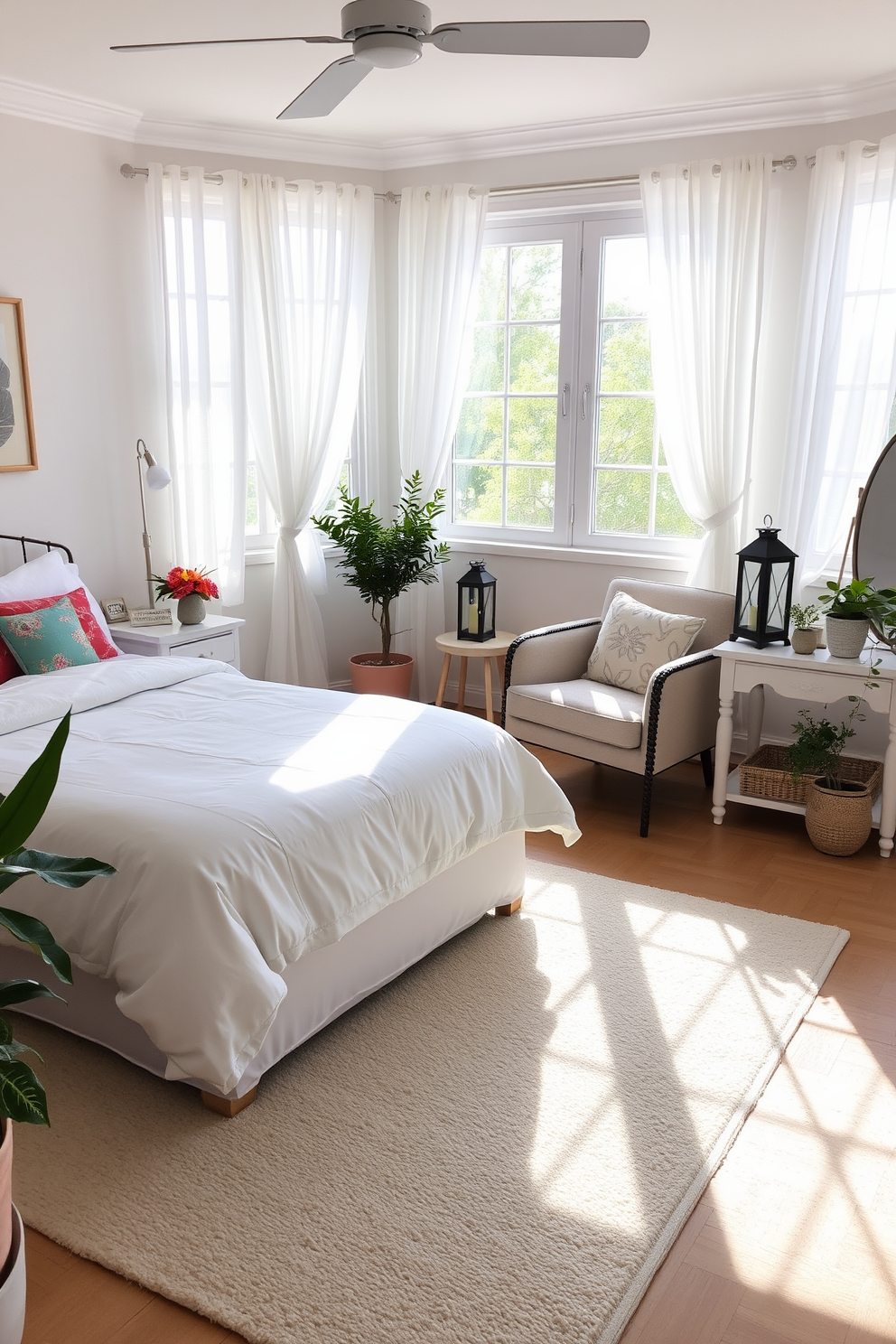 A bright and airy summer bedroom featuring a large white bed with fluffy linens and colorful throw pillows. Natural light floods the space through sheer curtains, highlighting a cozy reading nook with a plush armchair and a small side table. Decorative lanterns are placed on the nightstands, casting a warm glow in the evening. A soft area rug in light pastel tones anchors the room, while potted plants add a touch of greenery and freshness.