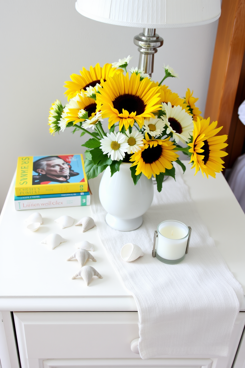 Create a summer-themed centerpiece on a nightstand. The centerpiece features a vibrant arrangement of sunflowers and daisies in a ceramic vase, complemented by a few seashells scattered around. The nightstand is painted in a soft white finish, providing a fresh and airy feel. A stack of colorful books and a small candle add a cozy touch, while a light linen runner drapes across the surface.