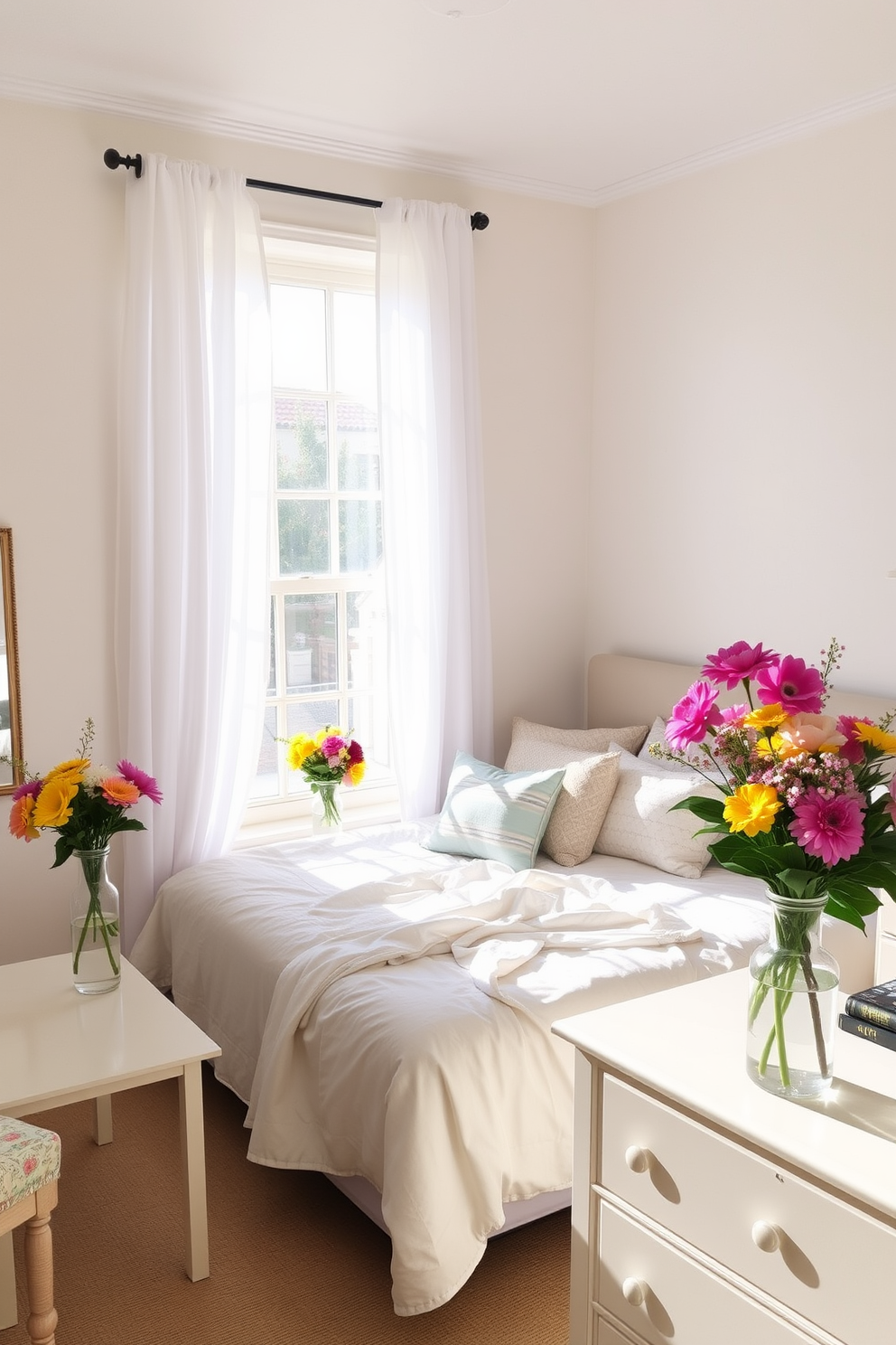 A bright and airy summer bedroom filled with natural light. The room features a large window draped with sheer white curtains, allowing sunlight to filter in softly. A cozy bed is adorned with light pastel-colored linens and an assortment of decorative pillows. Fresh flowers in vases are placed on the nightstands and a larger vase sits on a dresser, adding vibrant pops of color throughout the space.