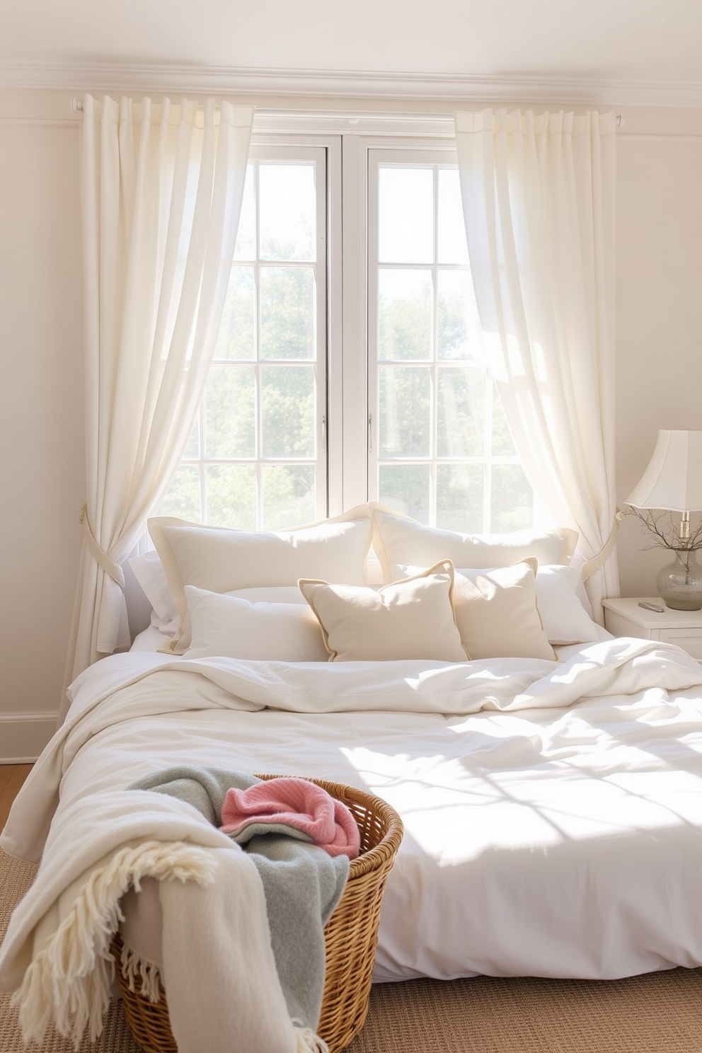 A bright and airy summer bedroom setting. The windows are dressed with sheer white fabrics that gently filter the sunlight, creating a soft and inviting atmosphere. The bed is adorned with light pastel-colored linens and a collection of plush pillows. A woven basket sits at the foot of the bed, filled with cozy throws for those cooler nights.