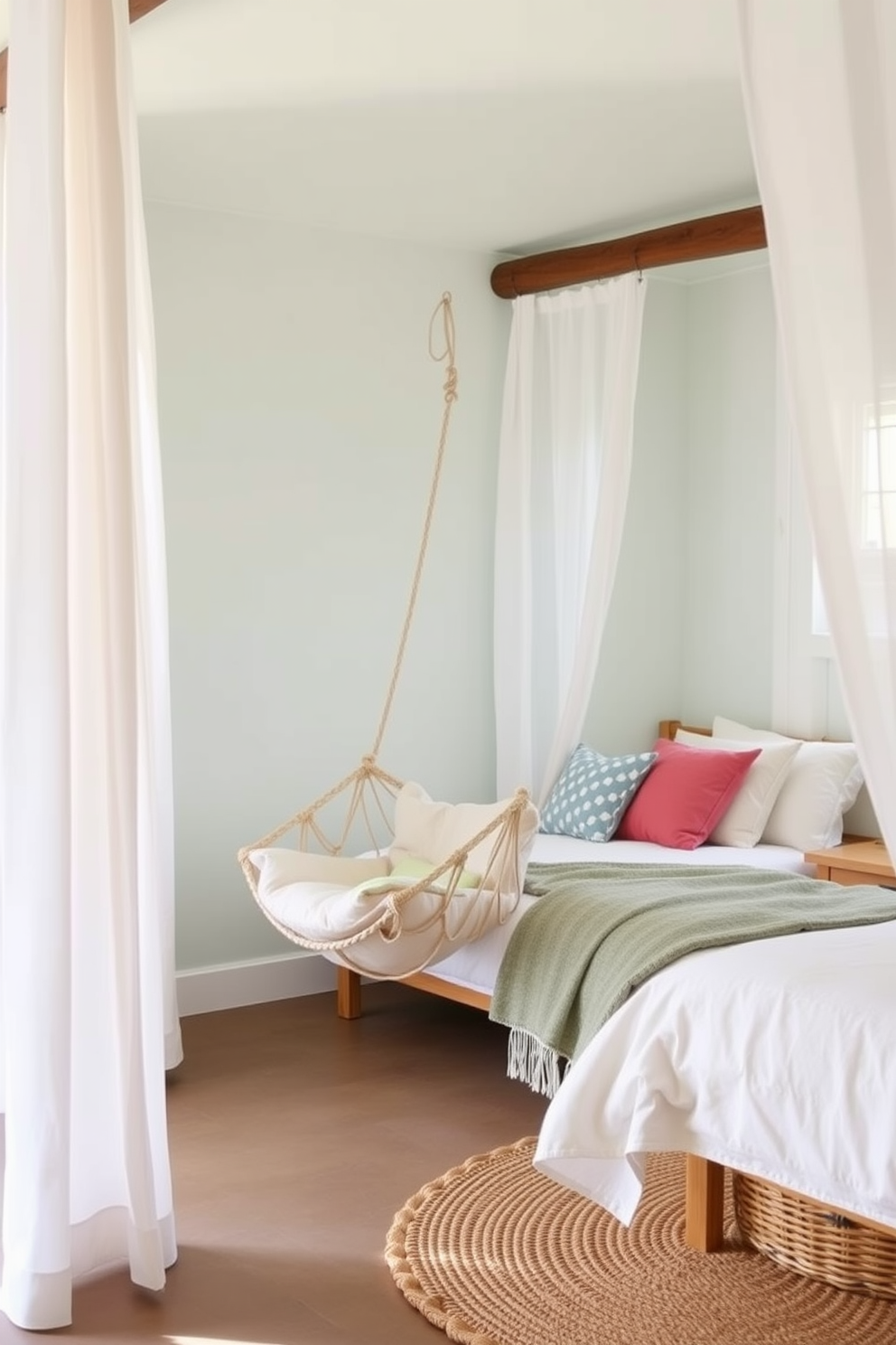 A serene summer bedroom retreat featuring a cozy hammock chair suspended in a corner, inviting relaxation and tranquility. The walls are painted in a soft pastel hue, complemented by light, airy curtains that flutter gently with the breeze. A plush bed adorned with crisp white linens and colorful throw pillows sits against one wall, creating a focal point of comfort and style. Natural wood accents, such as a bedside table and a woven rug, add warmth and a touch of nature to the space.