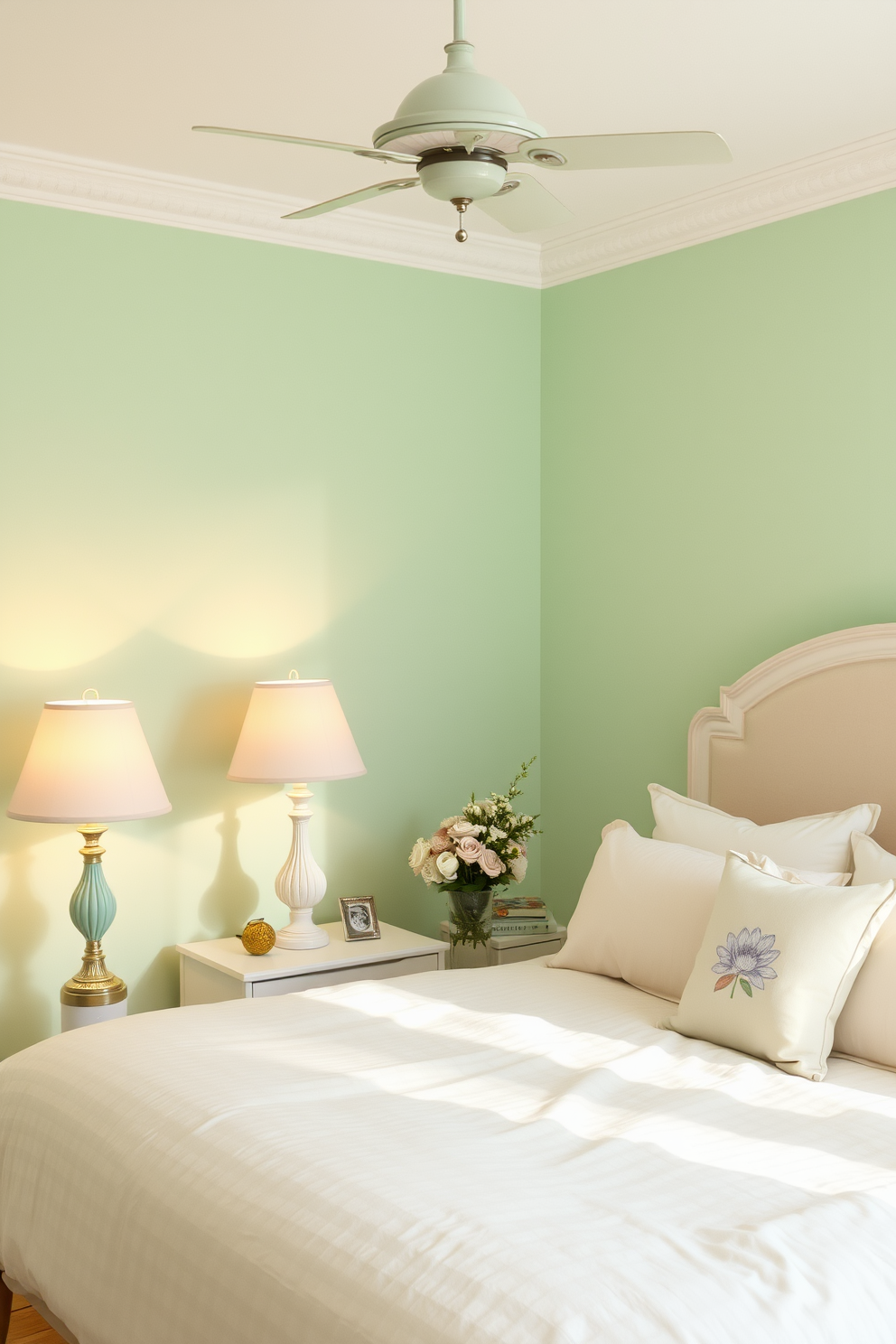 A serene summer bedroom filled with pastel-colored lamps casting a warm glow. The walls are painted in a soft mint green, complemented by light beige bedding and delicate floral accents.