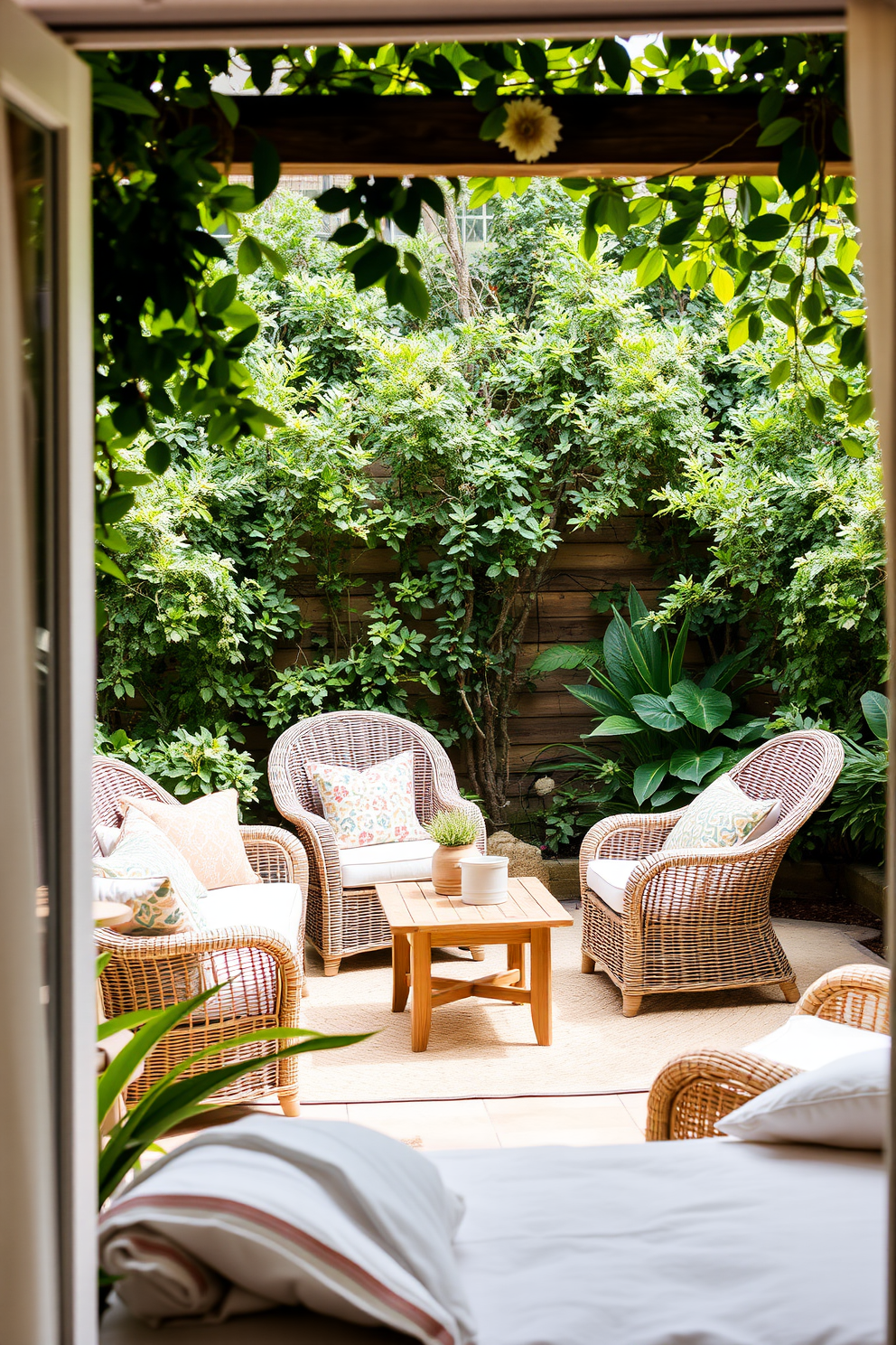 Create an inviting outdoor view with decor that features a cozy seating area surrounded by lush greenery. The space includes comfortable lounge chairs adorned with colorful cushions and a small wooden table for drinks and snacks. Summer bedroom decorating ideas should incorporate light and airy fabrics that evoke a sense of tranquility. Use a soft color palette of pastels and whites, complemented by natural materials like wicker and cotton for an inviting atmosphere.