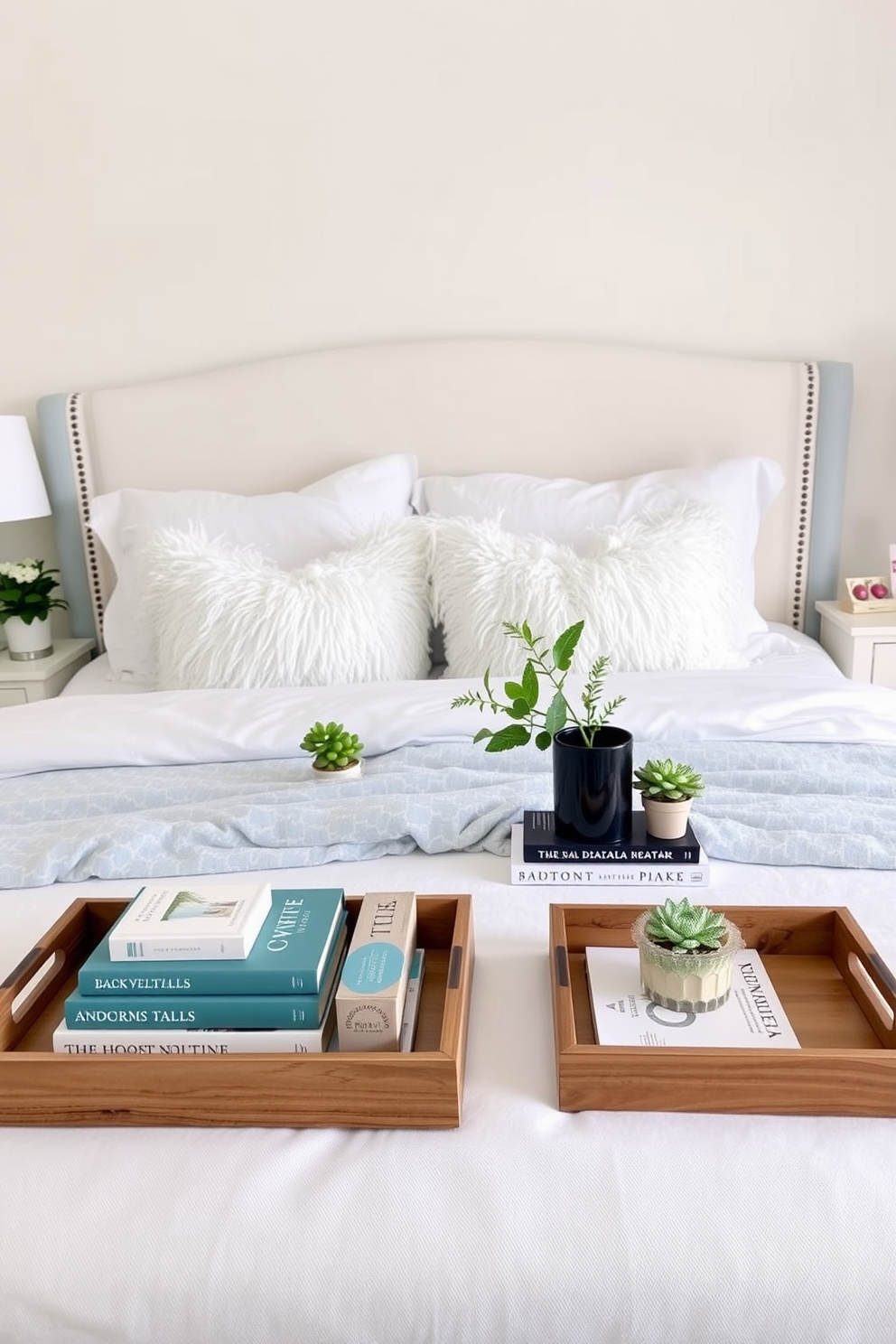 A serene summer bedroom setting. The room features a soft color palette with light blue and white accents, creating a refreshing atmosphere. A plush bed is adorned with fluffy white linens and a light blue throw blanket. Decorative trays are placed on the nightstands, holding books, candles, and small plants for a tidy yet stylish organization.