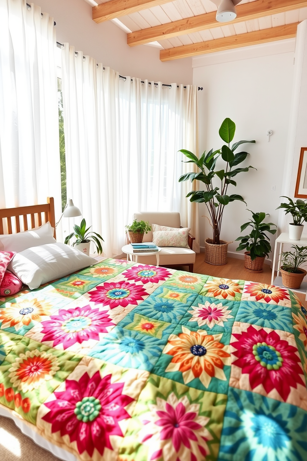 A bright and airy summer bedroom features a large bed adorned with a colorful quilt that adds vibrant texture and warmth to the space. Sunlight streams through sheer white curtains, illuminating the soft pastel hues of the walls and creating a serene atmosphere. In one corner, a cozy reading nook is set up with a comfortable armchair and a small side table topped with a stack of books. Potted plants are placed strategically around the room, bringing a touch of nature indoors and enhancing the cheerful summer vibe.