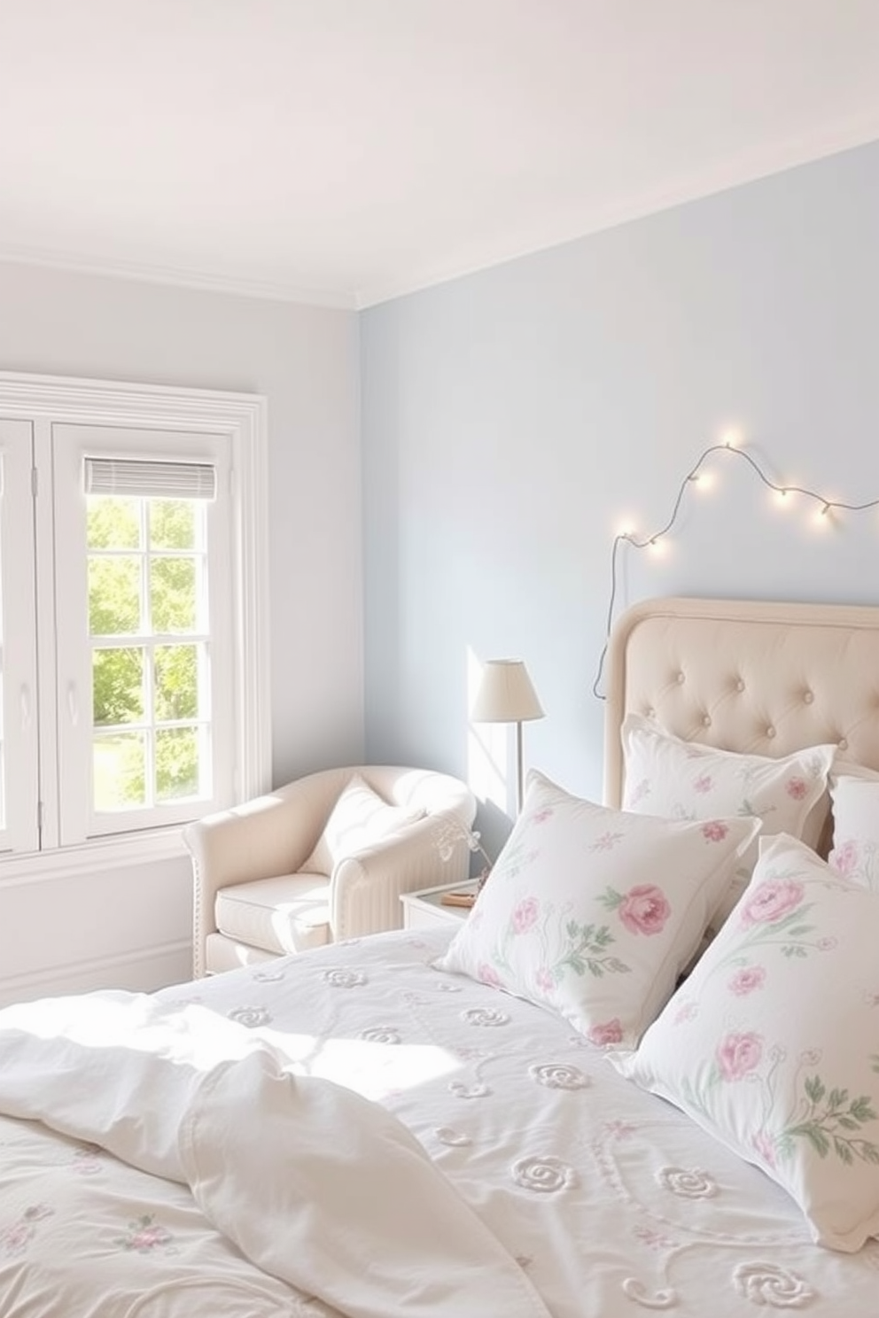 A bright and airy summer bedroom filled with natural light. Soft pastel colors dominate the space, with a light blue accent wall and white bedding adorned with floral patterns. A cozy reading nook is created by a plush armchair positioned by the window, draped with a lightweight throw. Delicate fairy lights are strung along the headboard, adding a whimsical touch to the serene atmosphere.