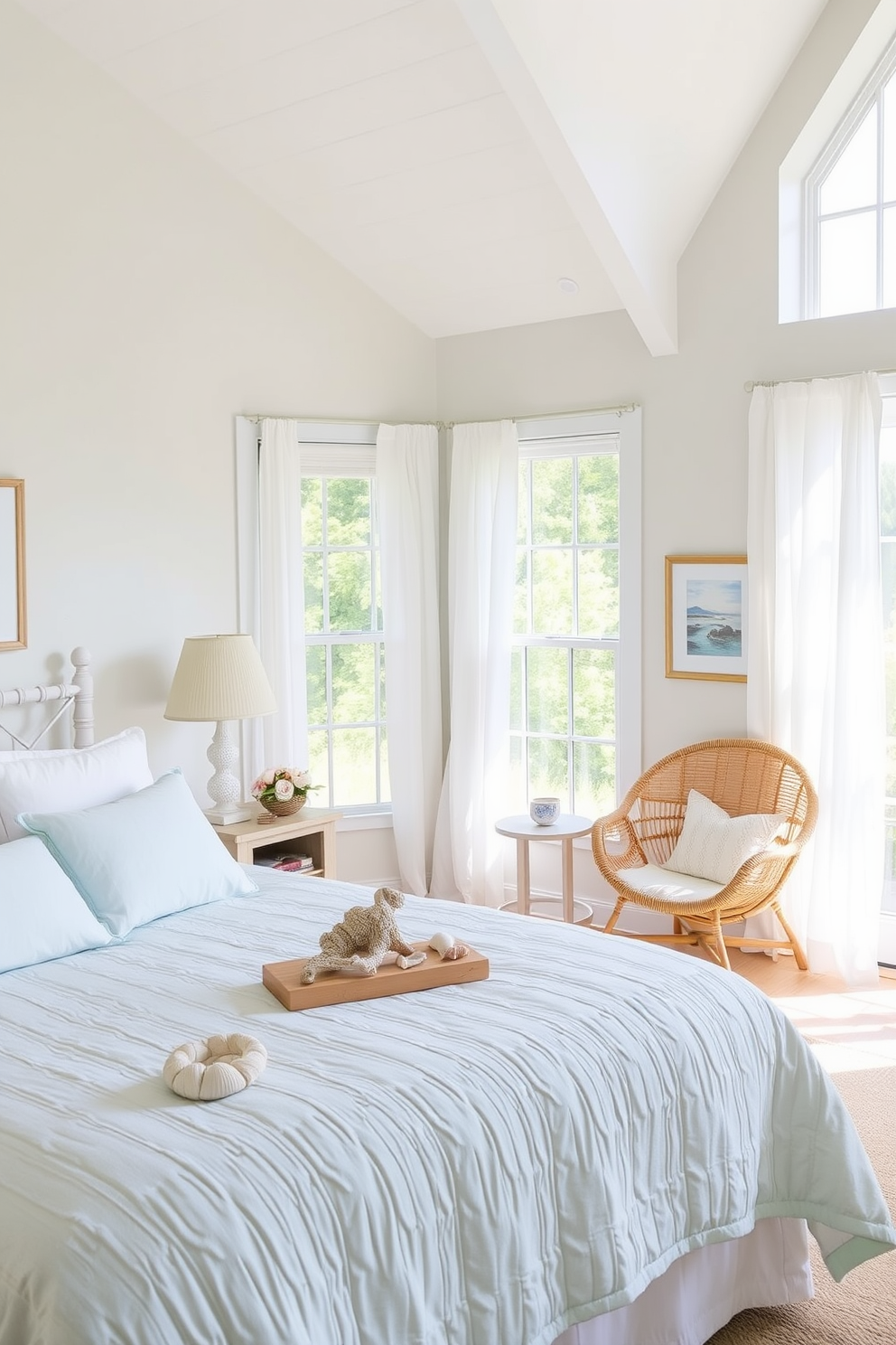 A serene summer bedroom retreat featuring soft pastel colors and light, airy fabrics. The bed is adorned with a light blue quilt and fluffy white pillows, while beach-themed decorative accents like seashells and driftwood are artfully arranged on the nightstand. Large windows allow natural light to flood the room, with sheer white curtains gently billowing in the breeze. A cozy reading nook is created with a rattan chair and a small side table, complemented by ocean-inspired artwork on the walls.