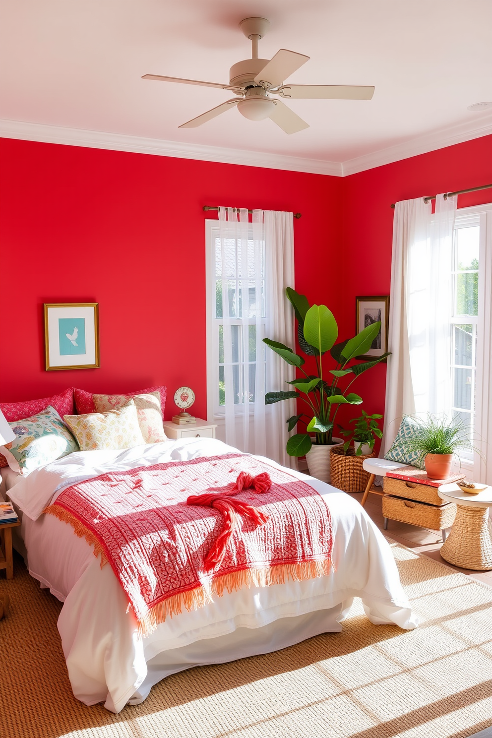 A summer bedroom with a bold accent wall painted in vibrant coral, creating a striking focal point. The room features a plush white bed with colorful throw pillows and a lightweight summer quilt, enhancing the bright and airy atmosphere. Natural light floods through large windows dressed with sheer curtains, allowing the sun to illuminate the space. A cozy reading nook with a comfortable chair and a small side table invites relaxation, surrounded by potted plants for a fresh touch.