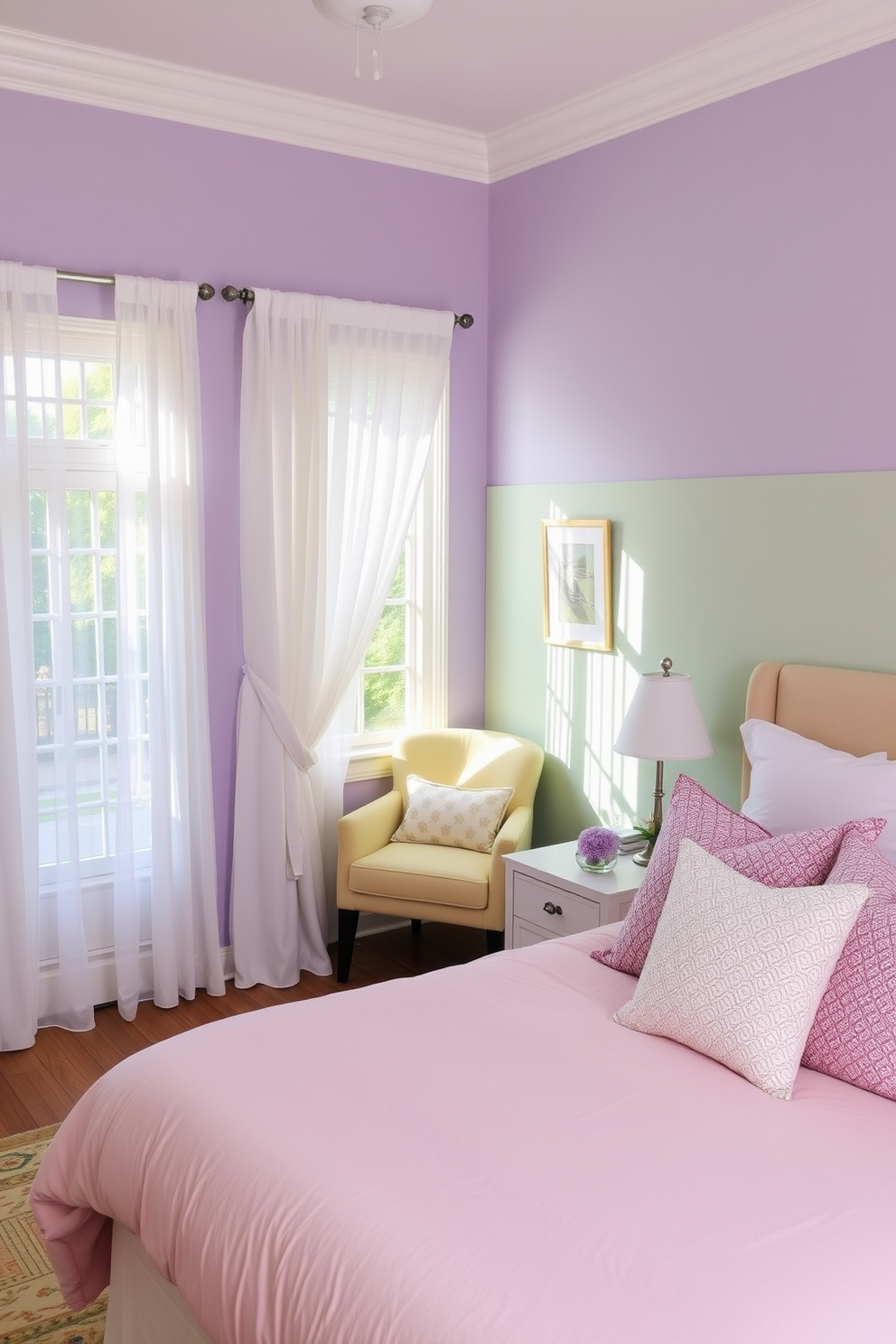 A serene summer bedroom filled with pastel shades for a calming effect. The walls are painted in a soft lavender hue, complemented by a light mint green accent wall. A plush queen-sized bed is dressed in a light pink duvet and an array of pastel-colored throw pillows. Natural light filters through sheer white curtains, illuminating a cozy reading nook with a pastel yellow armchair and a small side table.