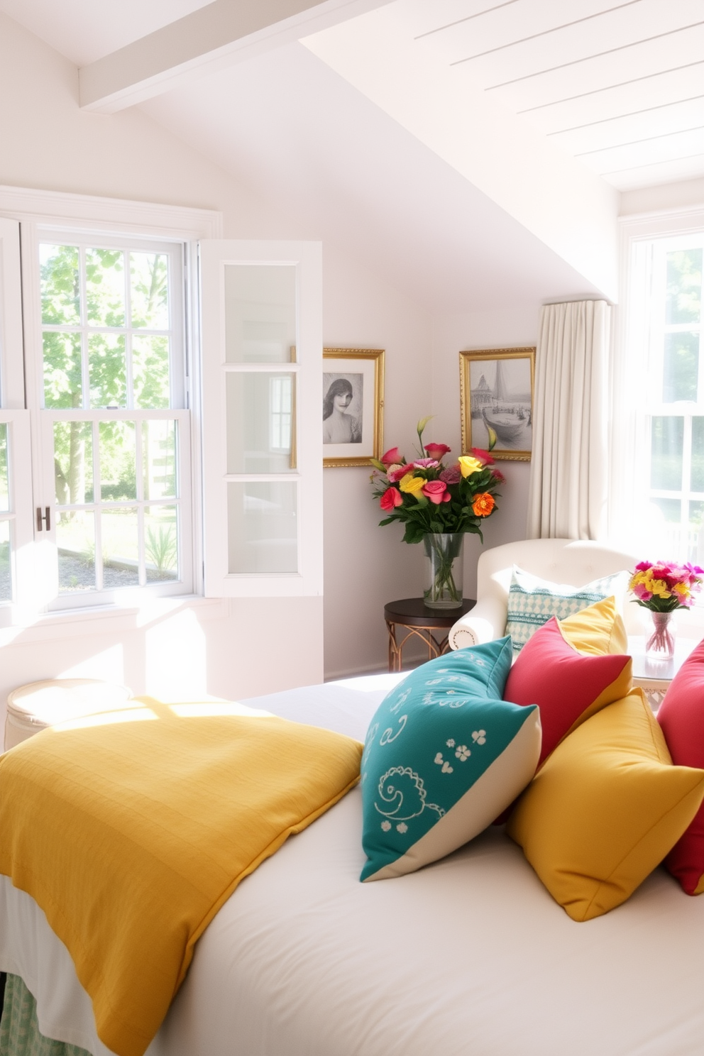 A bright and airy summer bedroom filled with natural light. The bed is adorned with crisp white linens and vibrant throw pillows in shades of coral, teal, and sunny yellow. A cozy reading nook is set up by the window with a comfortable armchair and a small side table. Fresh flowers in a colorful vase sit on the table, adding a cheerful touch to the space.