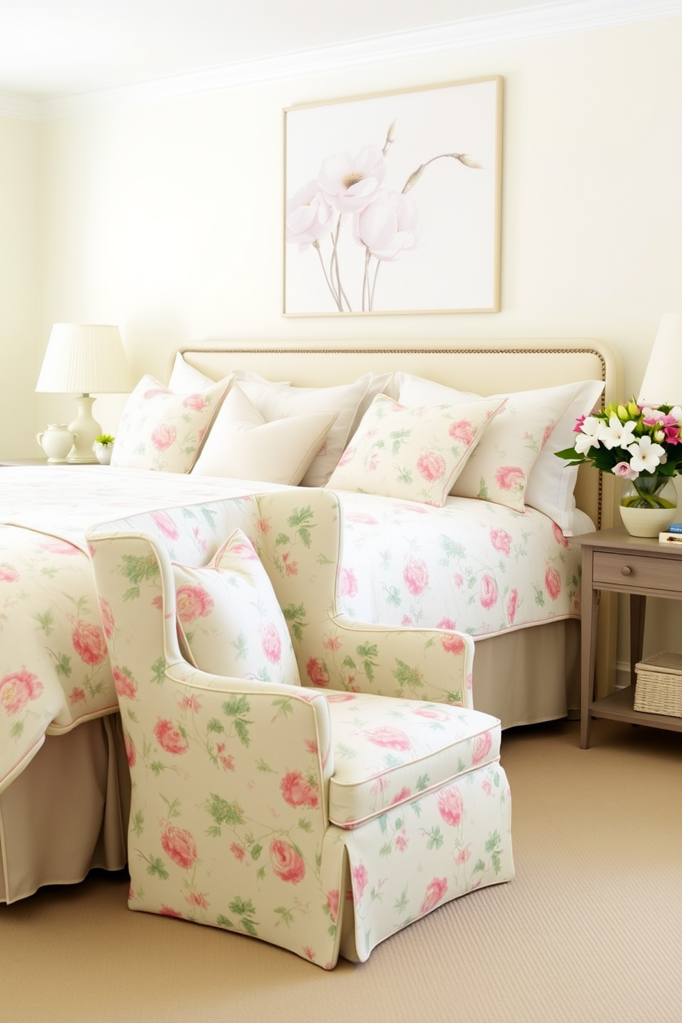 A bright and airy summer bedroom features soft pastel colors with floral patterns adorning the bedding and throw pillows. The walls are painted in a light cream shade, and a large floral print hangs above the bed, complementing the overall decor. A cozy reading nook is created with a comfortable armchair upholstered in a delicate floral fabric. A small side table holds a vase filled with fresh flowers, bringing a touch of nature indoors and enhancing the summer vibe.