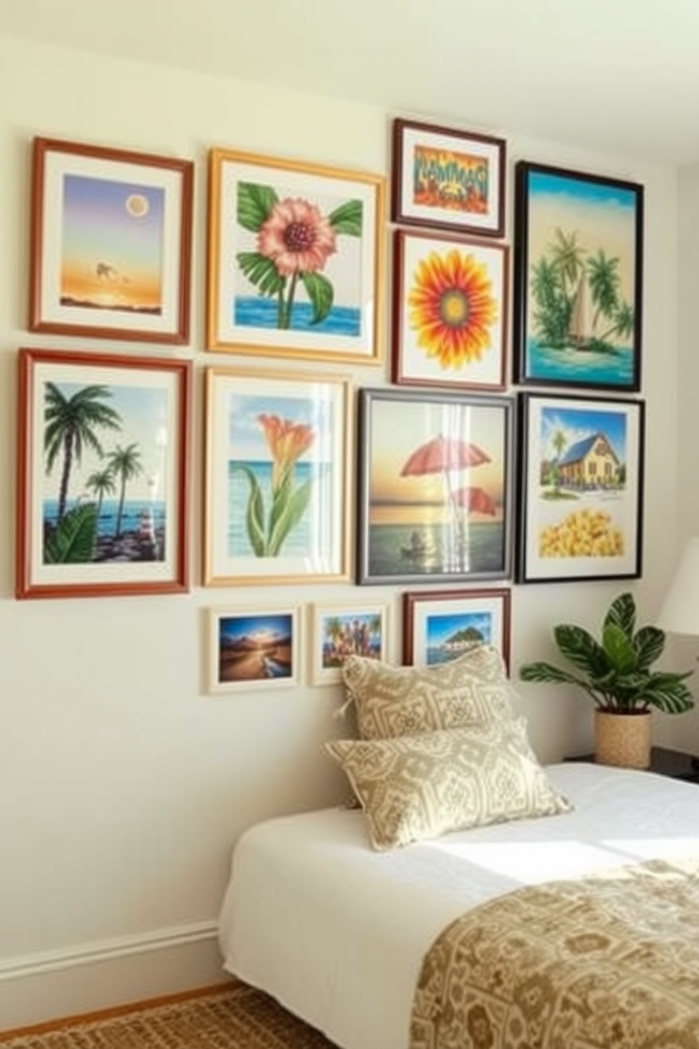 Create a gallery wall featuring vibrant summer-themed artwork. Incorporate a mix of framed prints, paintings, and photographs that evoke the colors and feelings of the season. Design a summer bedroom that radiates warmth and relaxation. Use a light color palette with soft linens, tropical-inspired decor, and plenty of natural light to create a serene atmosphere.