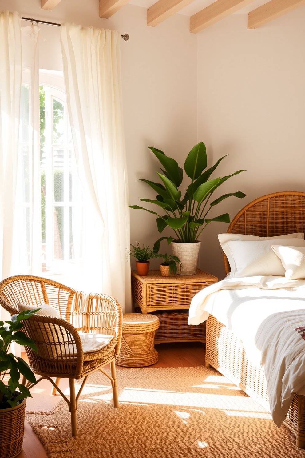 A bright and airy summer bedroom featuring wicker furniture pieces. The bed is adorned with light, breezy linens in soft pastel colors, and a rattan chair sits in the corner beside a small side table. Natural light floods the room through sheer curtains, illuminating the warm tones of the wicker. A collection of potted plants adds a touch of greenery, enhancing the relaxed, summery vibe.