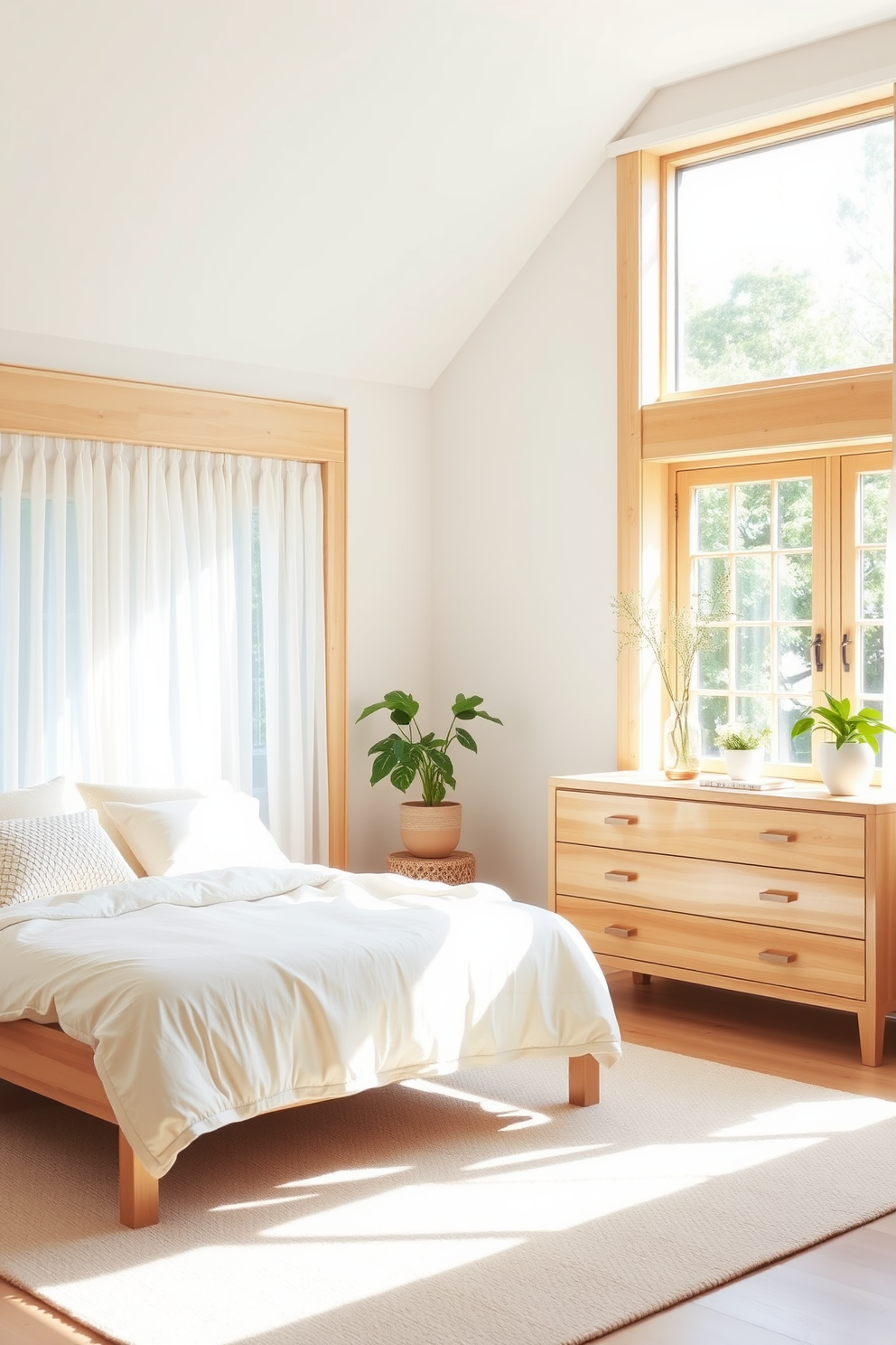 A bright and airy summer bedroom featuring light wood furniture that enhances the natural light. The bed is adorned with soft pastel linens and fluffy pillows, creating a cozy and inviting atmosphere. Large windows draped with sheer curtains allow sunlight to filter in, illuminating the space. A minimalist wooden dresser complements the decor, while potted plants add a touch of greenery.