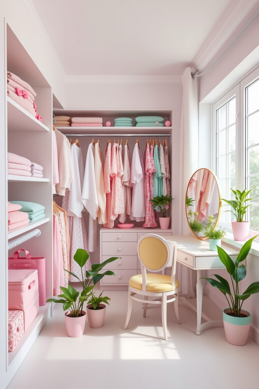 A bright and airy closet space adorned with pastel pink and mint green accents. Shelves are lined with neatly folded pastel sweaters and summer dresses, while hangers feature coordinating pastel accessories. A large window allows natural light to flood the room, illuminating a chic vanity area with a round mirror and a pastel yellow chair. Potted plants in pastel pots add a touch of greenery, creating a refreshing summer vibe.