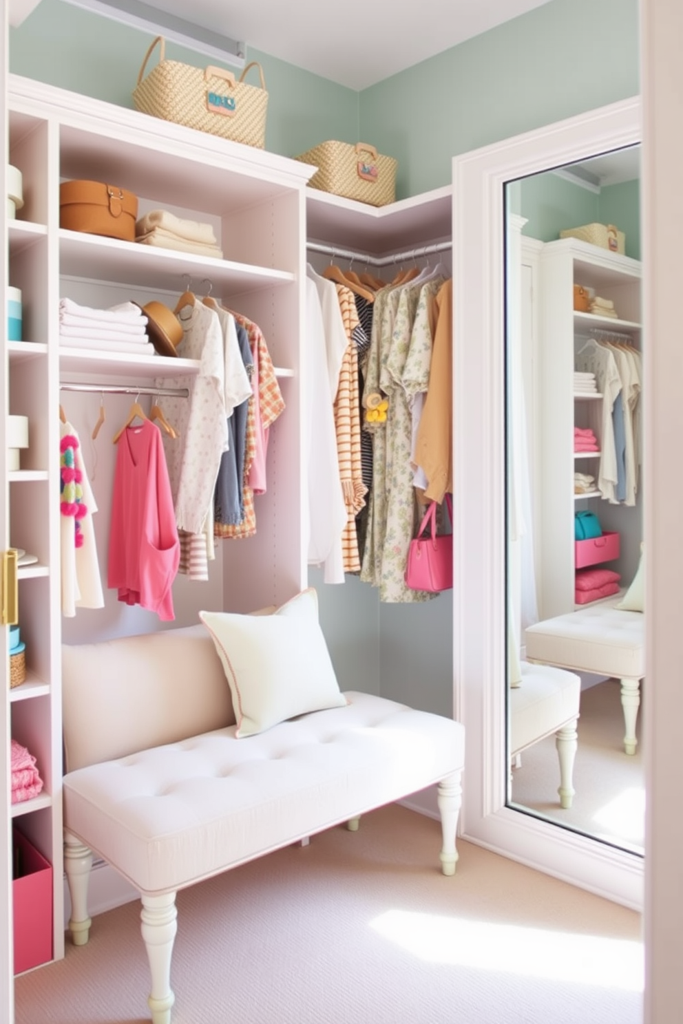 A summer closet decorated with a soft color palette of pastels. There is a small bench upholstered in light fabric positioned against the wall, providing a cozy seating area. The shelves are filled with neatly organized summer clothing, with vibrant accessories displayed on hooks. A large mirror reflects the natural light coming from a nearby window, enhancing the airy feel of the space.