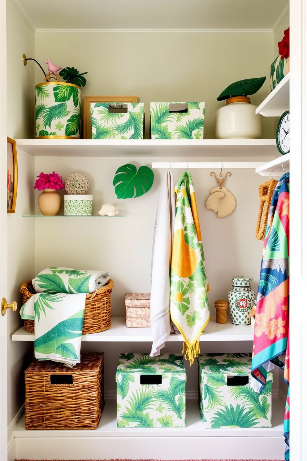 A bright summer closet filled with tropical-themed decor accents. The walls are painted in a soft pastel hue, and vibrant tropical prints adorn the shelves and storage boxes. A stylish rattan basket holds beach towels, while a colorful sarong hangs from a hook. Decorative elements like palm leaf motifs and seashells are placed throughout, creating a cheerful and inviting atmosphere.