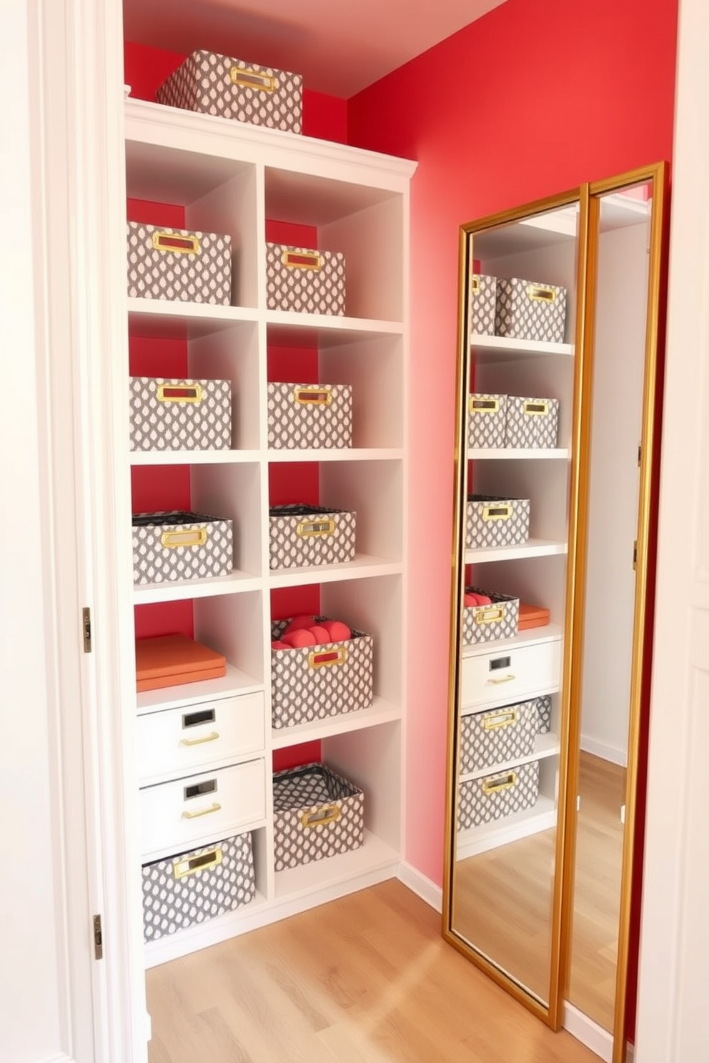 A bright and airy closet space featuring soft white shelving and a light wood floor. The walls are painted in a vibrant coral hue, creating a cheerful atmosphere that energizes the space. Stylish storage bins in various patterns are neatly arranged on the shelves, adding both functionality and flair. A full-length mirror with a sleek gold frame stands against one wall, reflecting the colorful decor and enhancing the overall brightness of the closet.