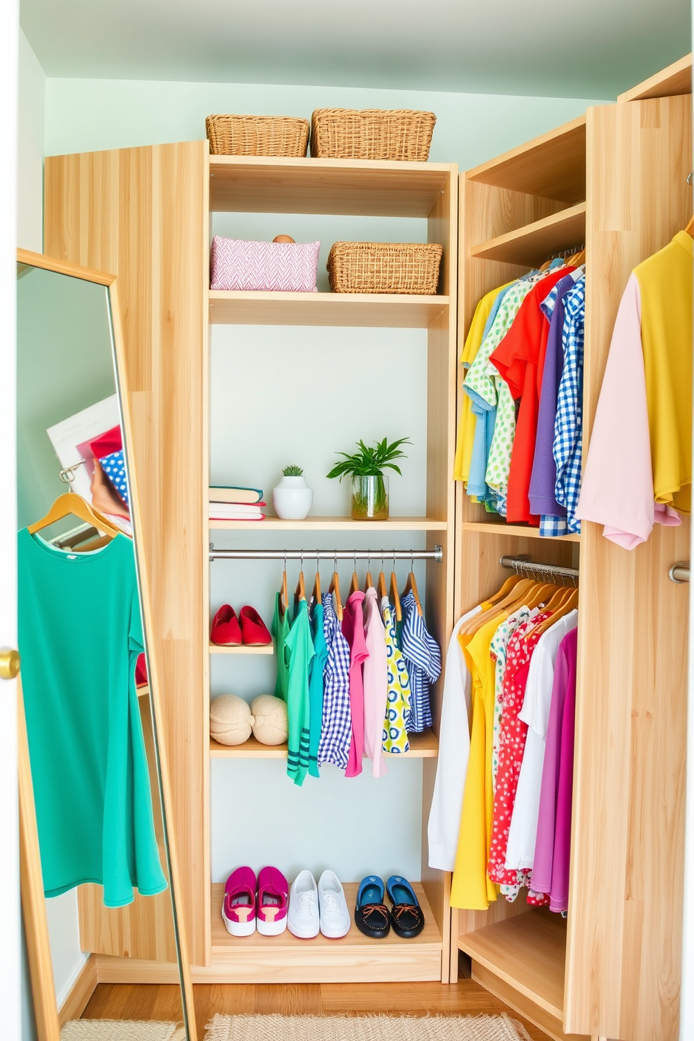 A bright and airy summer closet filled with light natural wood shelving. Colorful summer clothing is neatly arranged, with a small potted plant adding a touch of liveliness on one of the shelves. The walls are painted in a soft pastel hue, creating a refreshing atmosphere. A stylish full-length mirror leans against the wall, reflecting the vibrant colors of the closet.