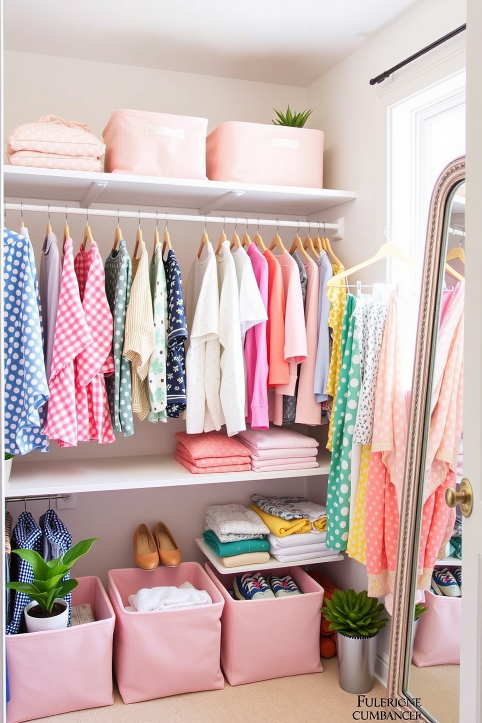 Create a bright and airy summer closet that features fabric storage bins in soft pastel colors for a gentle touch. The bins are neatly organized on shelves, with light streaming in through a window, highlighting the cheerful decor. Incorporate a mix of hanging and folded garments, with lightweight summer clothing in vibrant patterns. Add decorative touches like small potted plants and a stylish full-length mirror to enhance the inviting atmosphere.