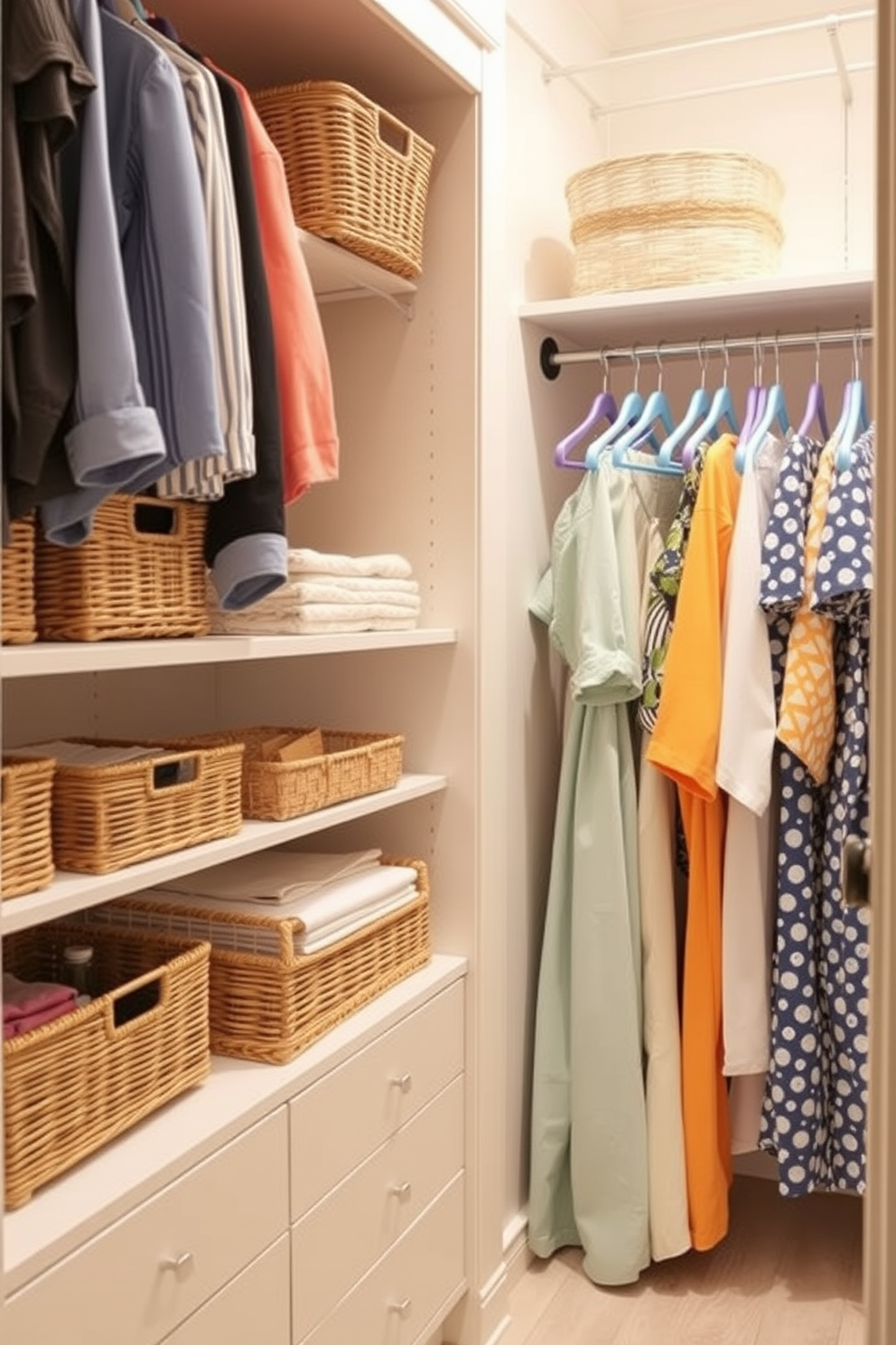 Create a seasonal clothing rotation system that optimizes space and accessibility. Incorporate stylish storage solutions like woven baskets and hangers in vibrant colors to enhance the summer aesthetic. Design a bright and airy summer closet with an open layout that allows for easy visibility of all clothing items. Use light wood finishes and pastel accents to create a cheerful atmosphere that reflects the warmth of the season.