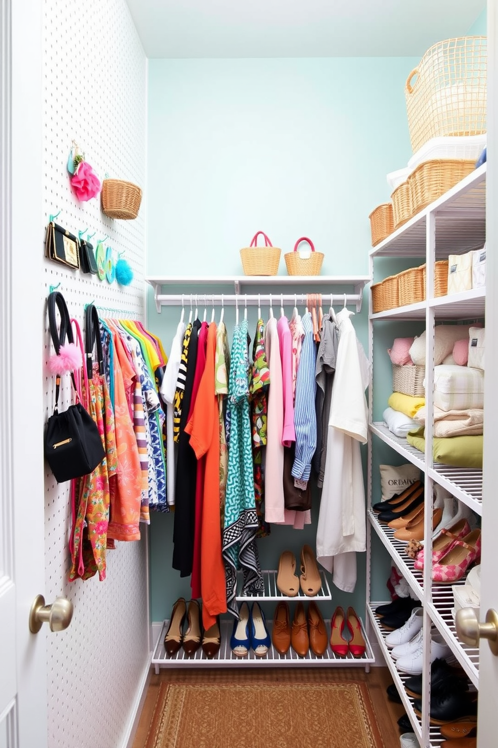 A bright and airy summer closet featuring a pegboard on one wall for versatile storage options. The pegboard is adorned with colorful hooks and baskets holding accessories, while the rest of the closet showcases neatly organized shelves filled with summer clothes and shoes.