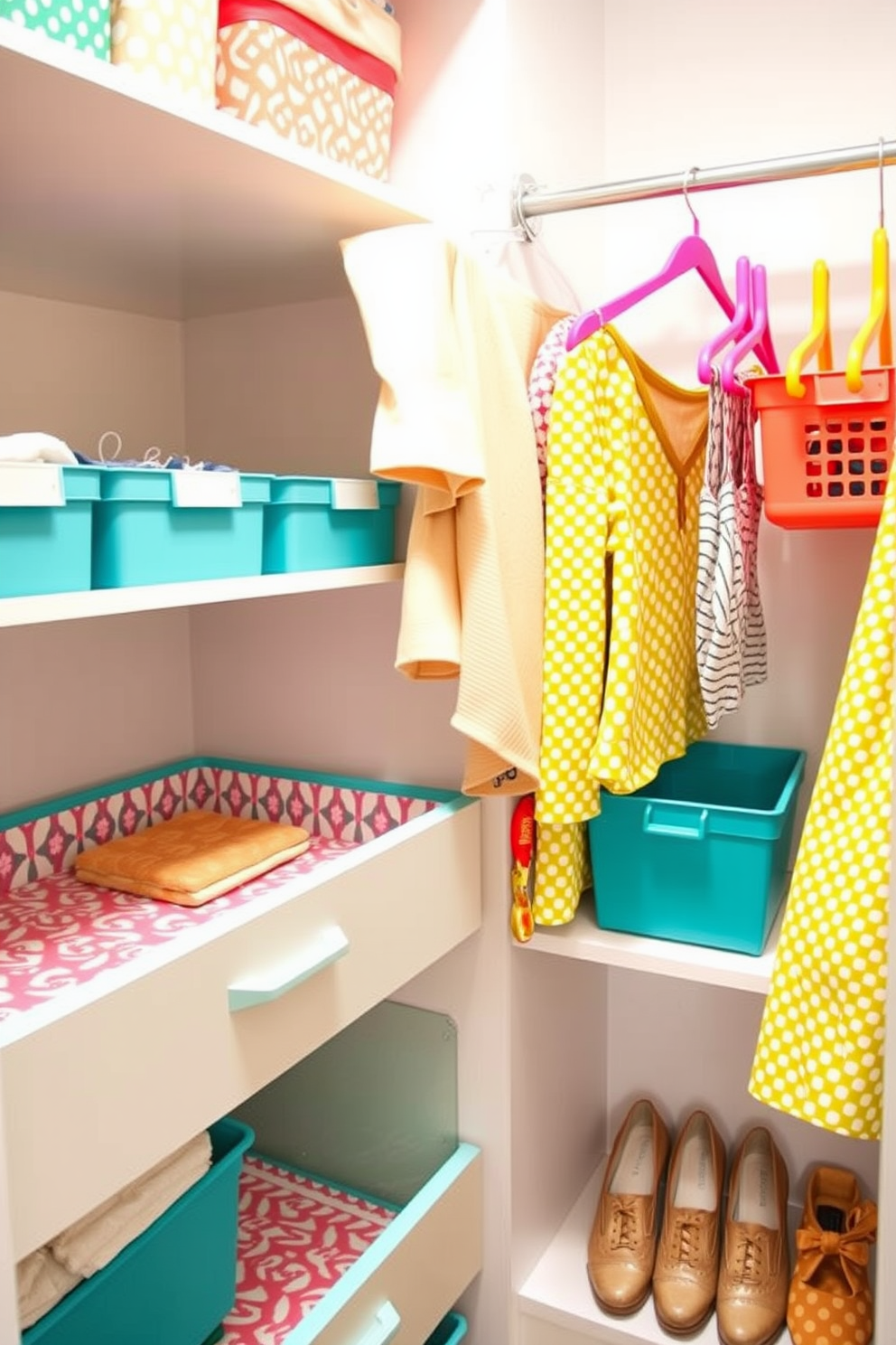 Create a bright and cheerful summer closet that showcases fun drawer liners in vibrant patterns. Incorporate colorful storage bins and hangers to add a playful touch while keeping the space organized and functional.