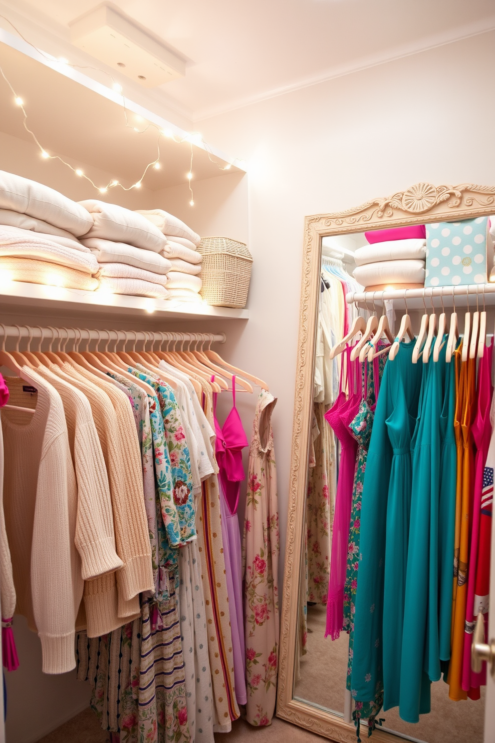 A bright and airy summer closet filled with light pastel colors and floral patterns. Shelves are adorned with neatly folded lightweight sweaters and summer dresses, while hangers display vibrant swimwear and accessories. Fairy lights are draped along the top shelf, casting a warm and cozy glow throughout the space. A large mirror with a decorative frame reflects the cheerful ambiance, making the closet feel inviting and stylish.