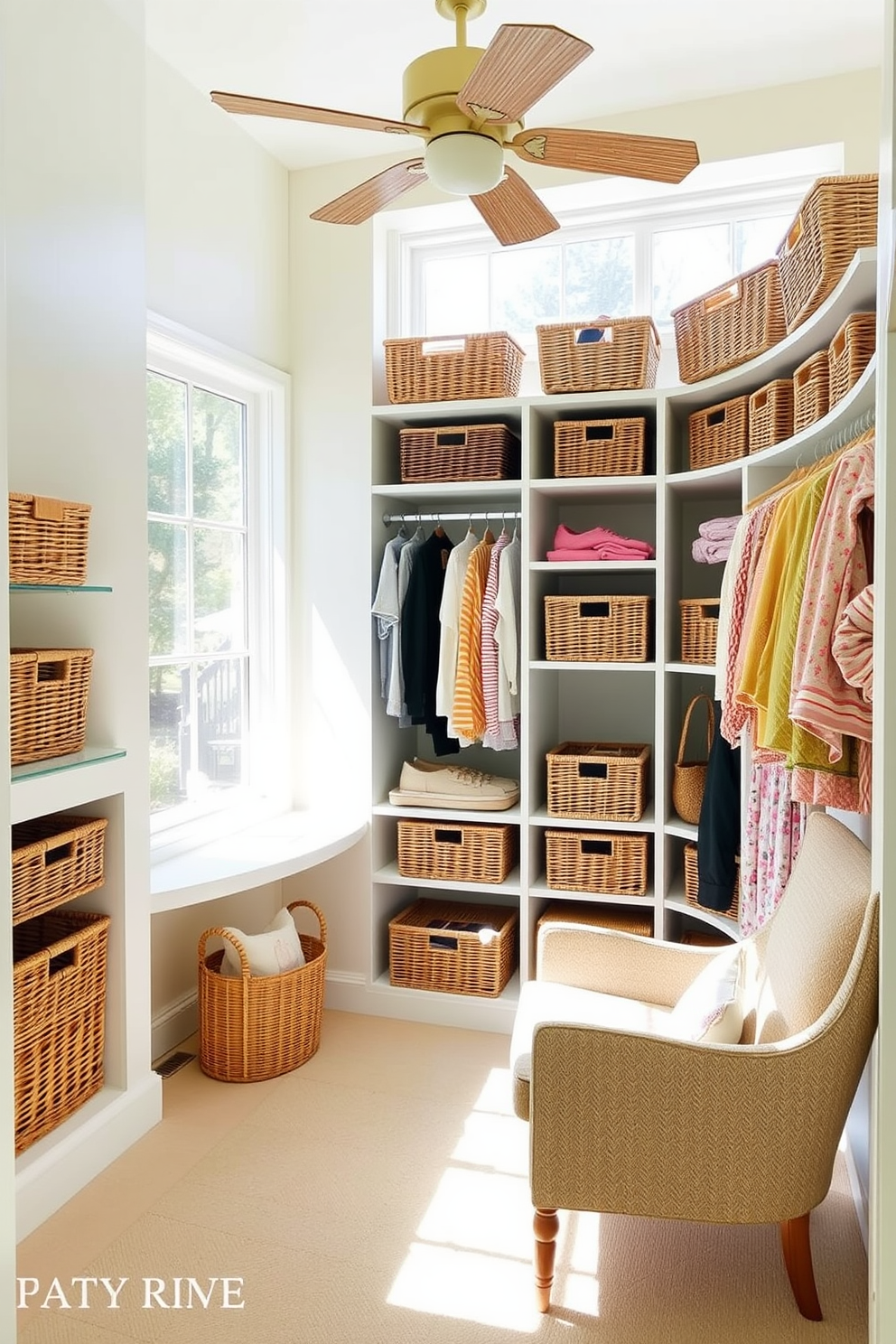 A bright and airy summer closet adorned with wicker baskets for stylish storage. The walls are painted in a soft pastel hue, and natural light streams in through a large window, illuminating the space. Wicker baskets are neatly arranged on open shelves, showcasing colorful summer accessories. A cozy armchair sits in the corner, inviting you to relax while selecting outfits for sunny days.