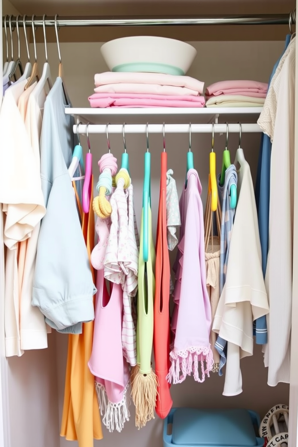 Create a summer closet that features a color-coordinated hanger system showcasing a variety of light and airy clothing items. The closet is organized with pastel shades and vibrant colors, ensuring a visually pleasing and functional display of summer attire.