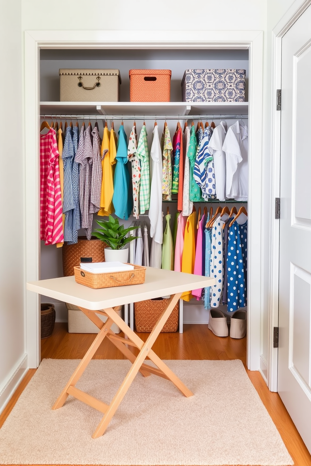 A stylish summer closet featuring a folding table for convenience and organization. The walls are painted in a light pastel color, and the floor is adorned with a soft area rug to add warmth and texture. The closet is filled with neatly arranged summer clothing, showcasing vibrant colors and breathable fabrics. Shelves are lined with decorative storage boxes, and a small potted plant adds a touch of greenery to the space.