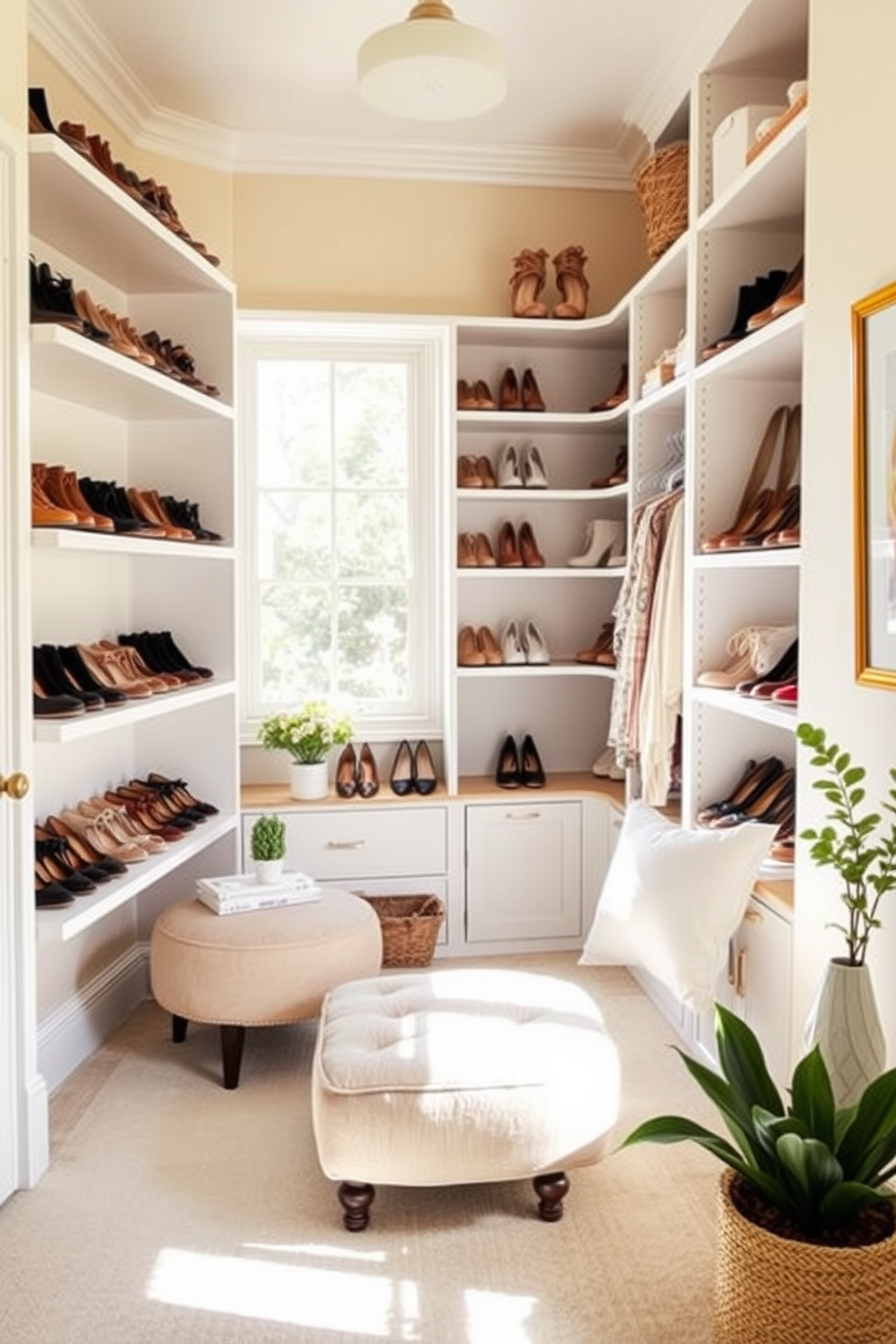 A bright and airy summer closet filled with natural light. Shelves are lined with an array of favorite shoes, organized by color and style, creating a visually appealing display. The walls are painted in a soft pastel hue, enhancing the cheerful atmosphere. A cozy seating area with a plush ottoman invites relaxation, while decorative elements like plants and artwork add a personal touch.