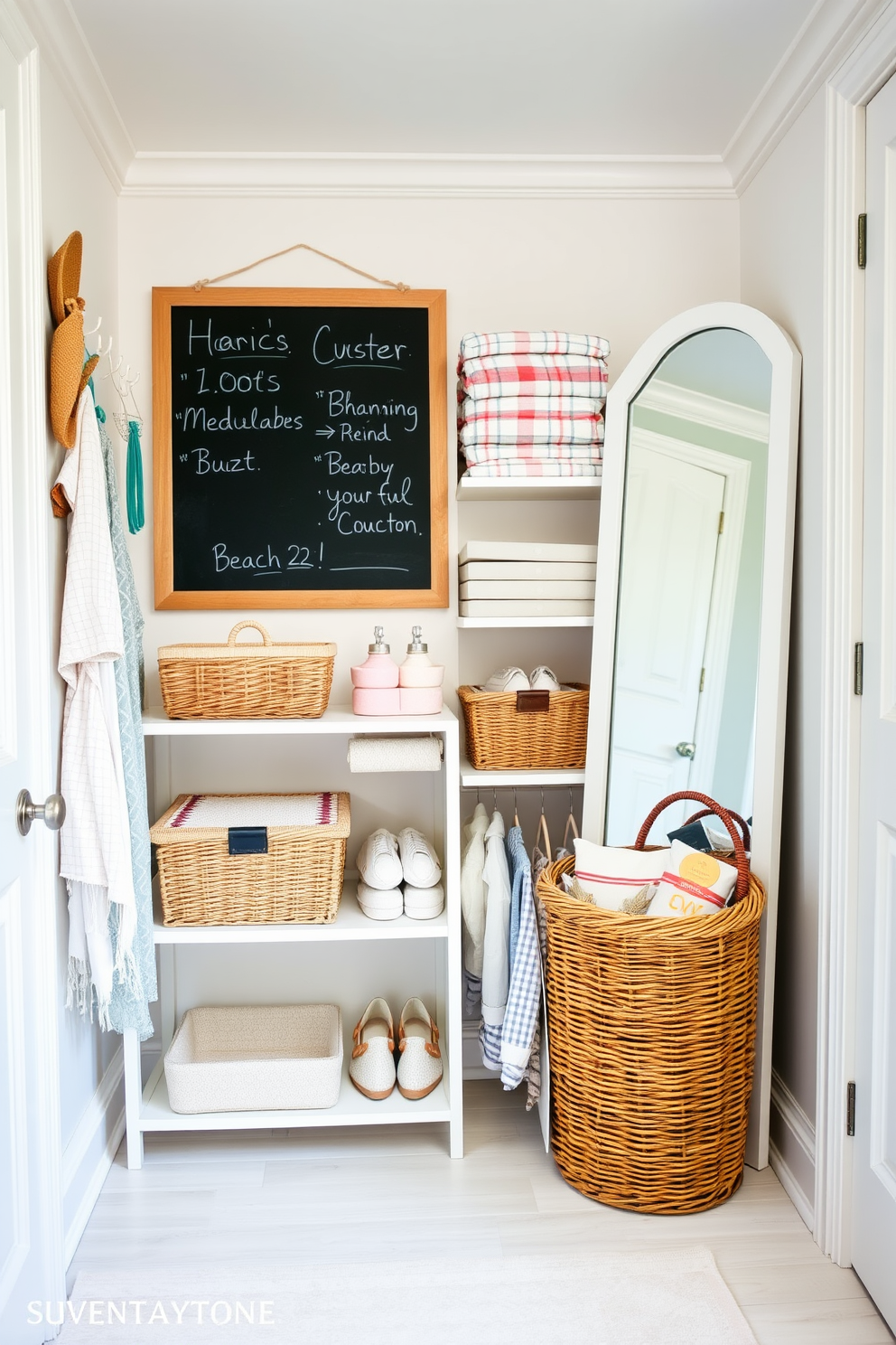 A bright and airy summer closet filled with light pastel colors and natural textures. There is a large chalkboard mounted on one wall for notes and reminders, surrounded by decorative hooks for accessories. The closet features open shelving displaying neatly folded summer clothes, while a stylish wicker basket holds beach essentials. A full-length mirror stands elegantly in one corner, reflecting the cheerful ambiance of the space.